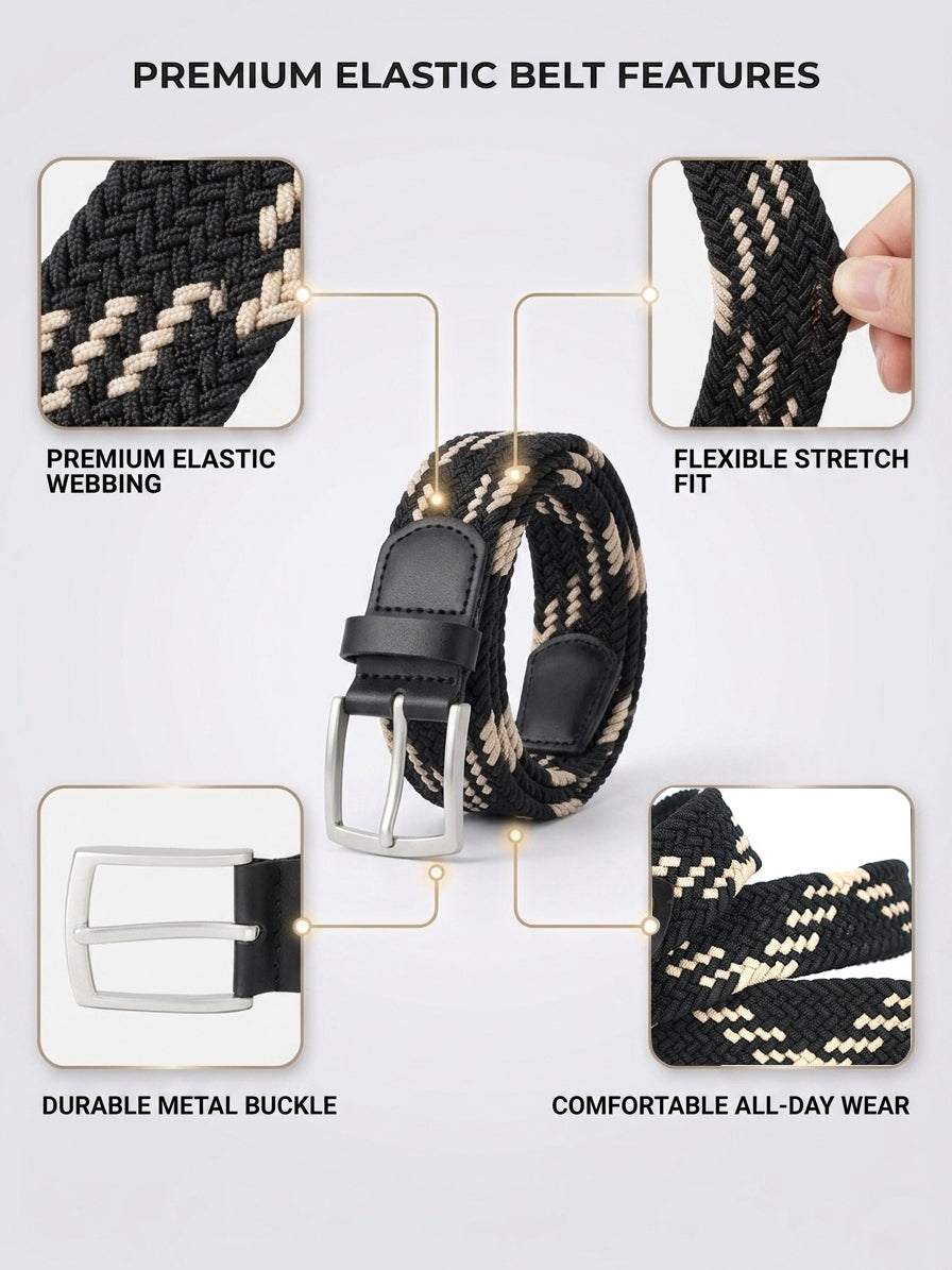 Unisex Handwoven Elastic Belt With Leather Finish And Metal Buckle For Casual Wear