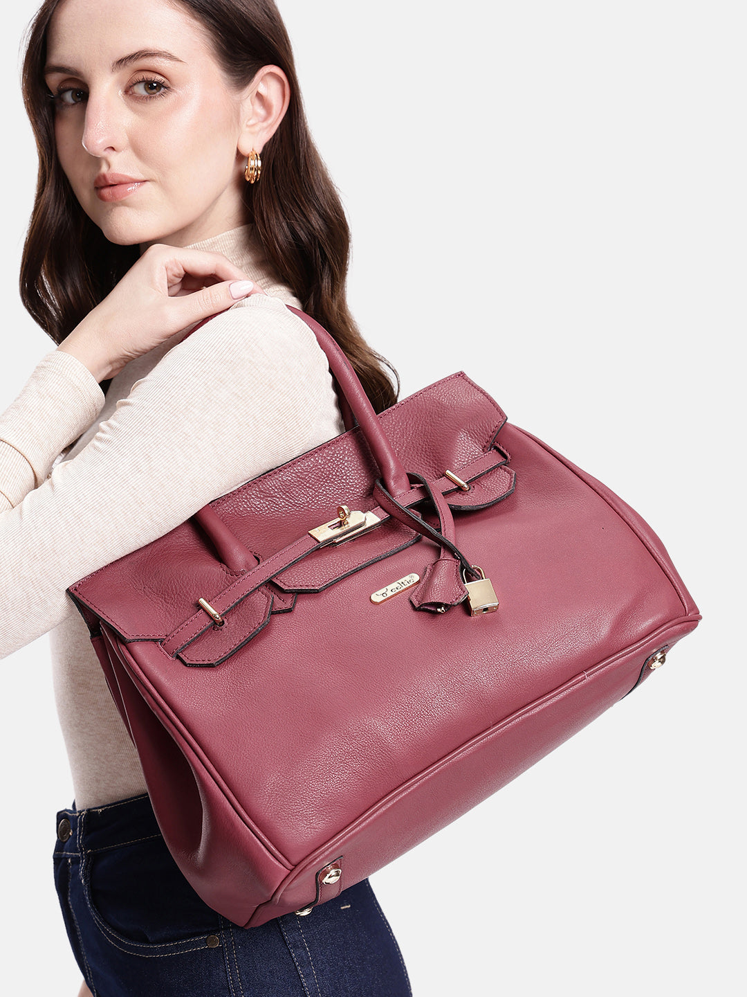 Premium Genuine Leather  Tote Handbag with Turn-Lock Closure