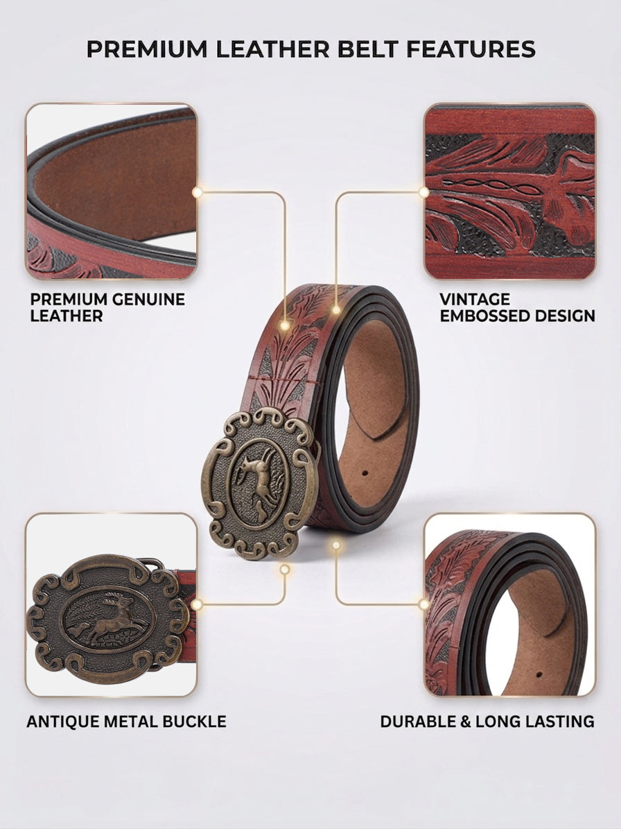 Men Genuine Leather Embossed Floral Brown Western Waist Accessory Antique Buckle