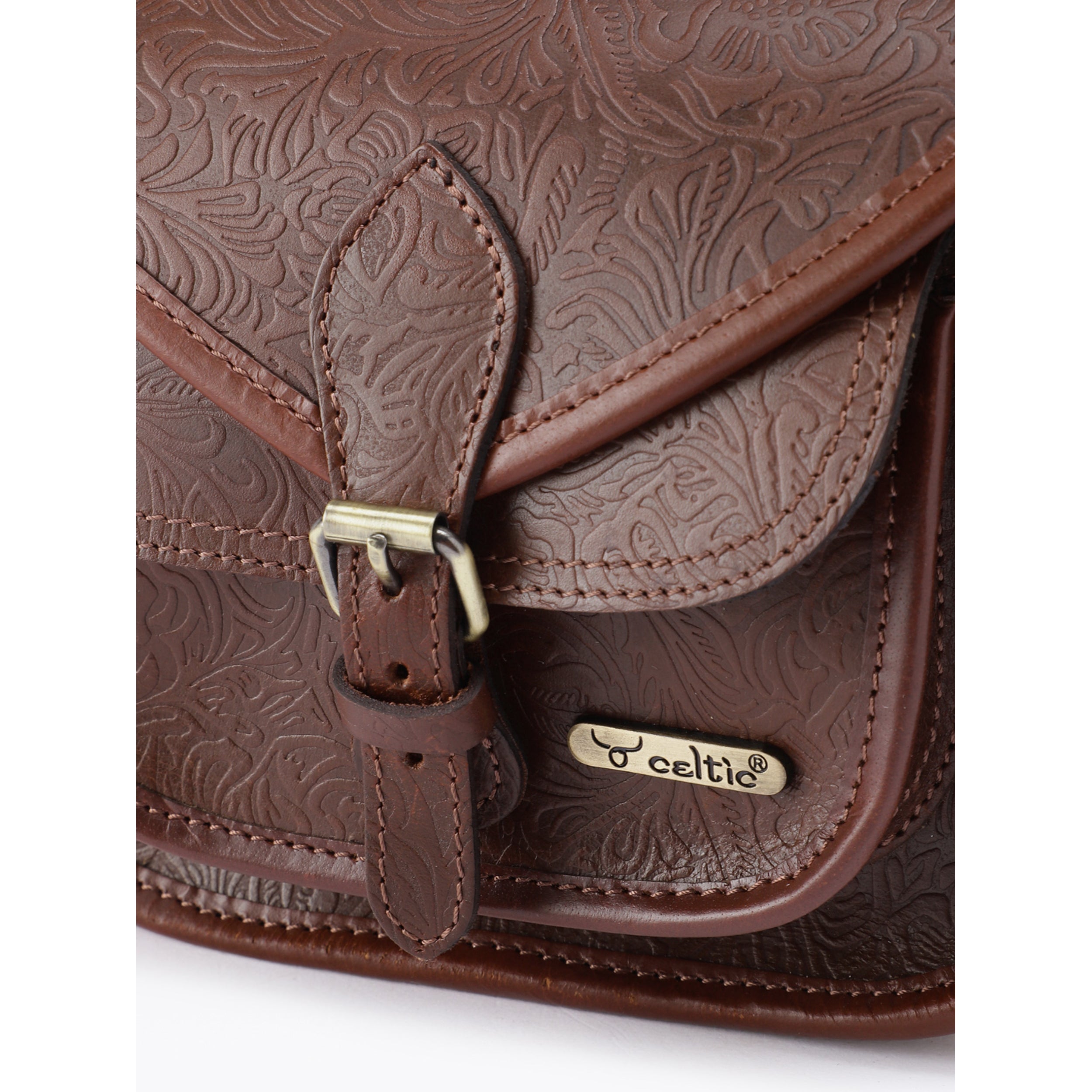 Premium Genuine Embossed Leather Sling Bag with Buckle Flap & Front Pocket