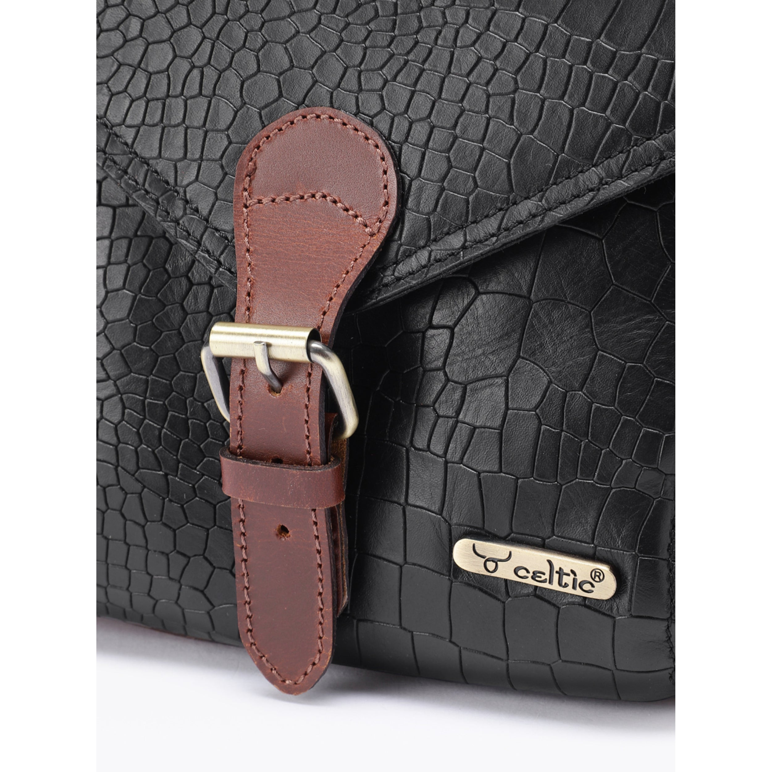 Women Leather Crossbody Sling Bag Black and Brown Croc Texture with Buckle Tab