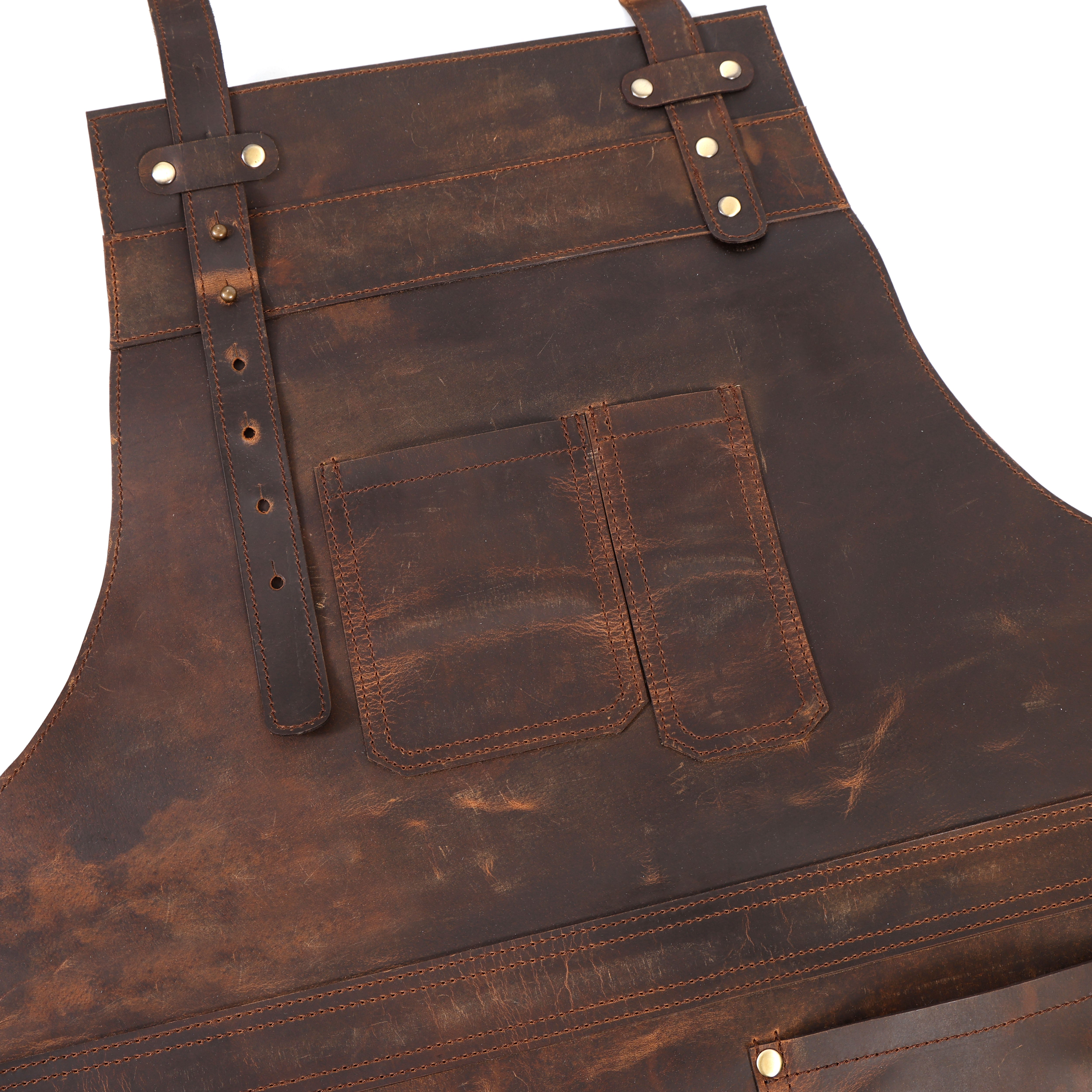 Premium Genuine Leather Brown Bib Apron  with SnapLock Utility Design