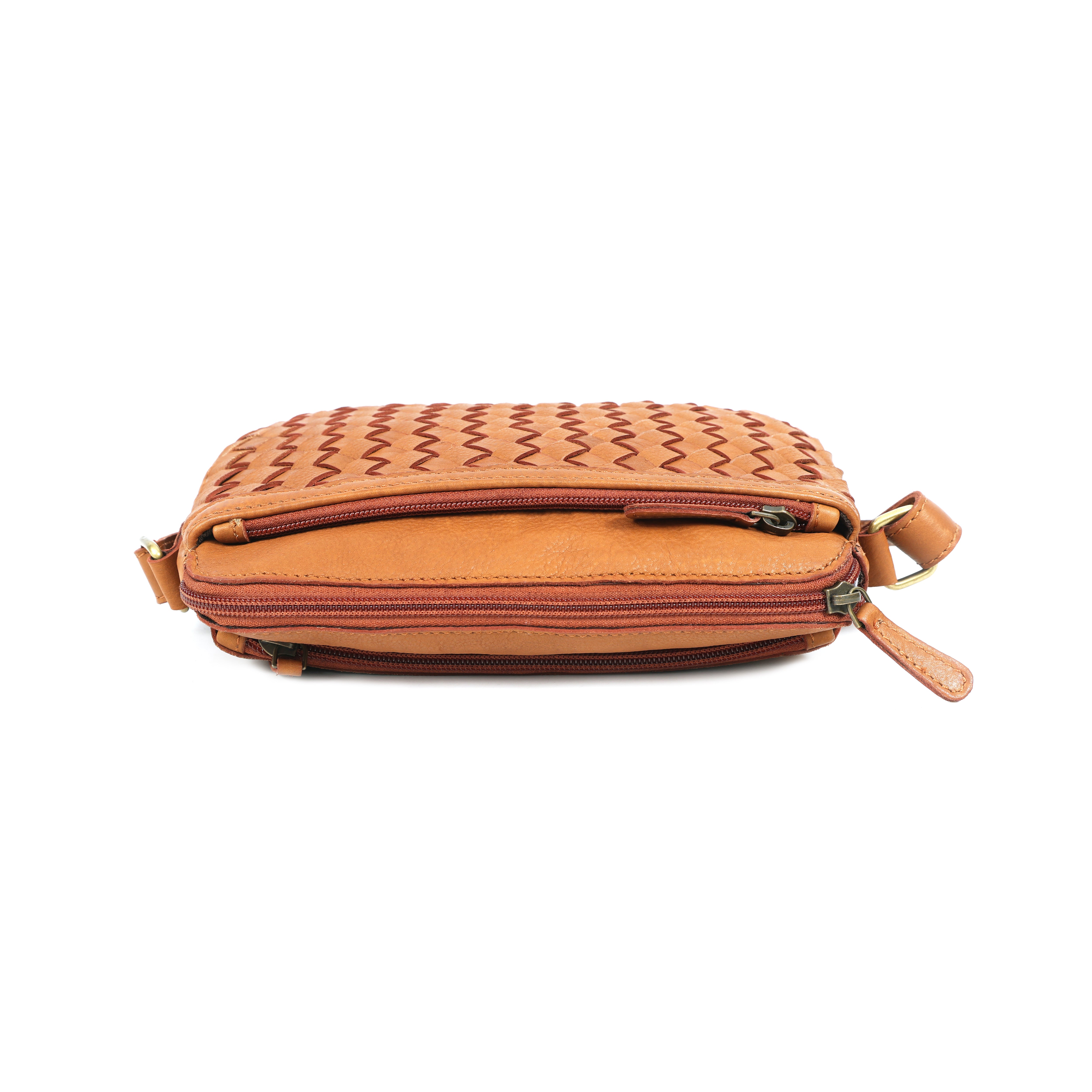 Premium Handwoven Leather Crossbody Bag with Adjustable Strap & Zip Compartments