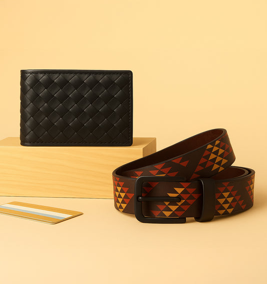 Premium Leather Style Combo | Braided Wallet & Printed Belt
