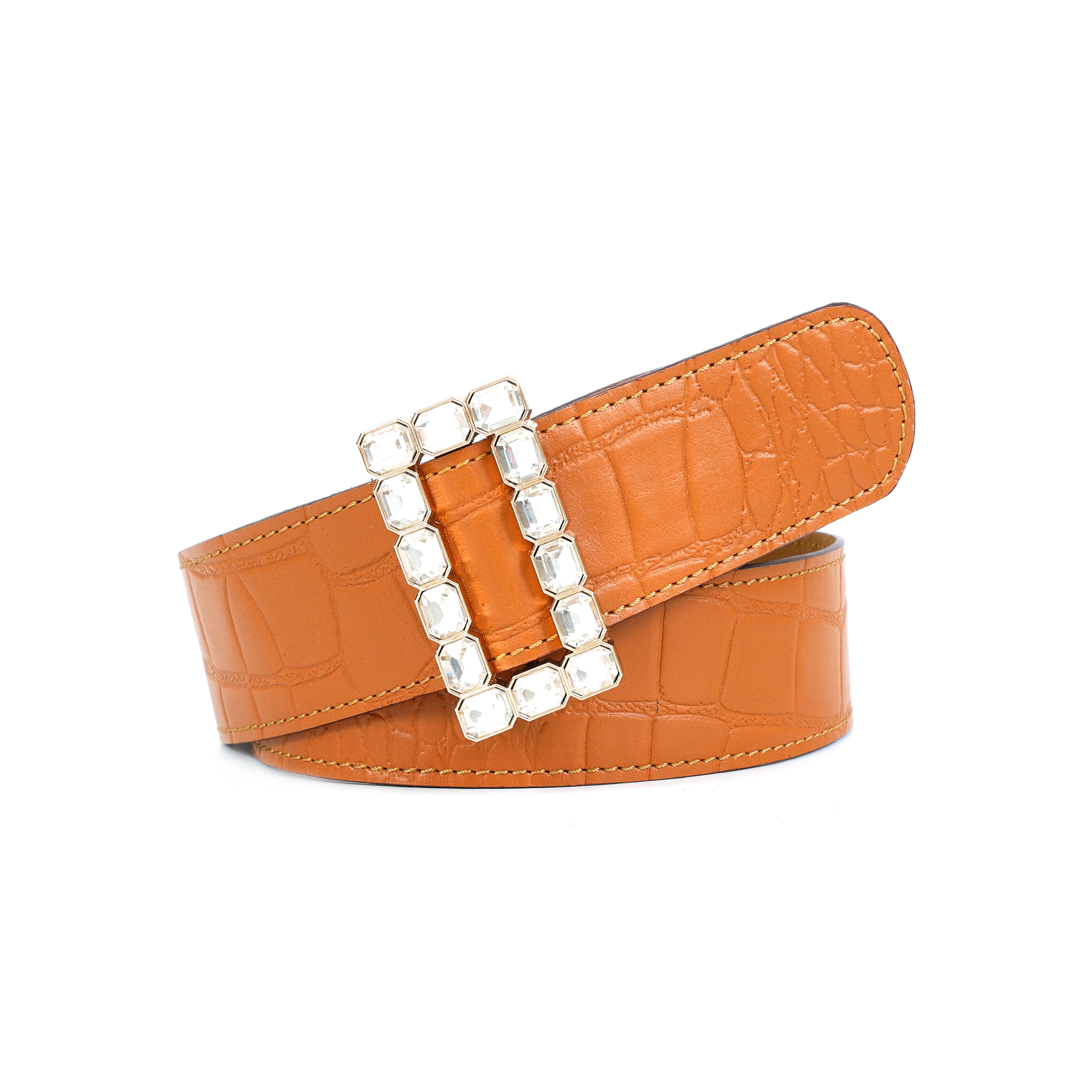 Orange Croc Texture Statement Belt With Crystal Buckle For Women Fashion Wear