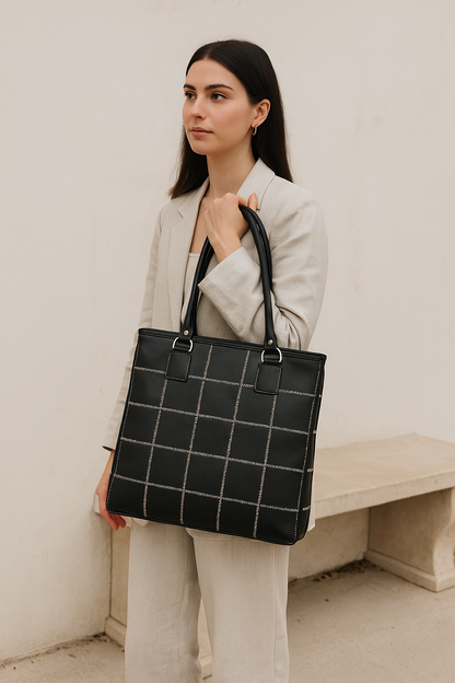"Chic Contrast: Black Tote Bag with White Stitching for Timeless Style" Art: BG-1142-Z
