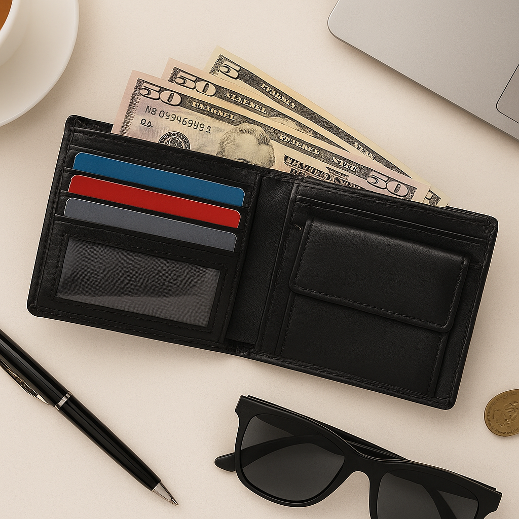 Premium Genuine Leather Bi-Fold Wallet with ID Window & Multiple Card Slots