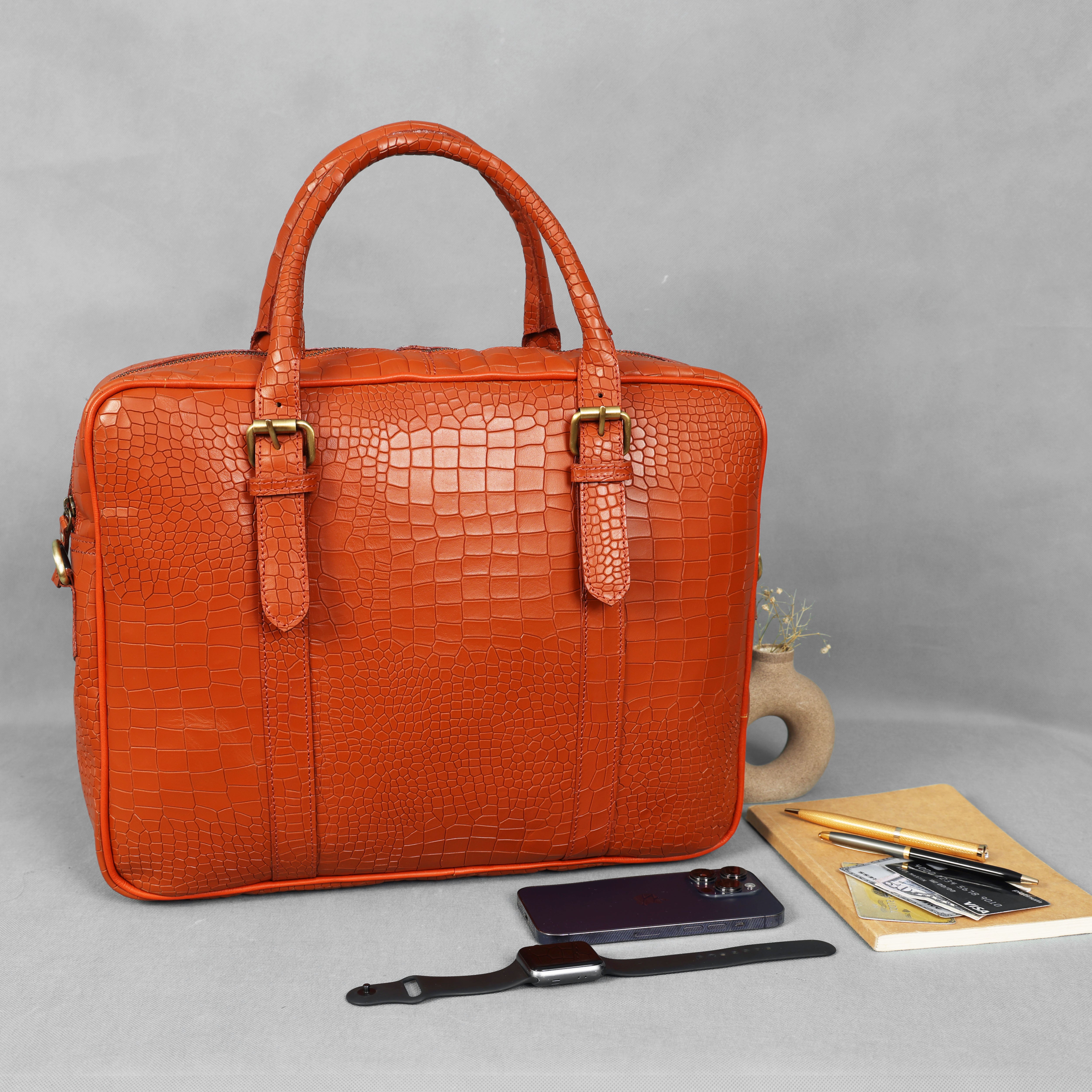  croco texture pure leather laptop bag for office use with holdall and shoulder strap,  Art: BG-1701