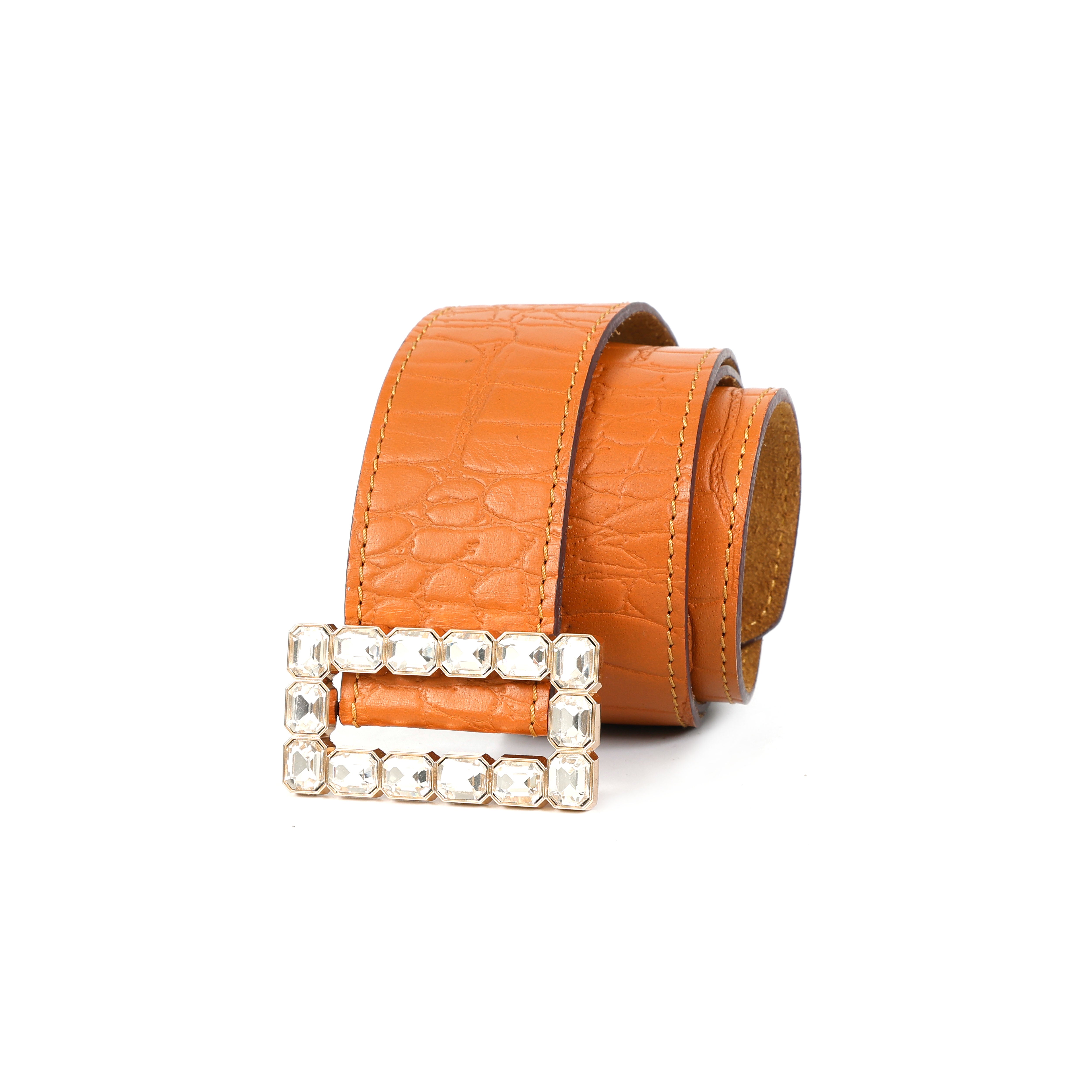 Orange Croc Texture Statement Belt With Crystal Buckle For Women Fashion Wear
