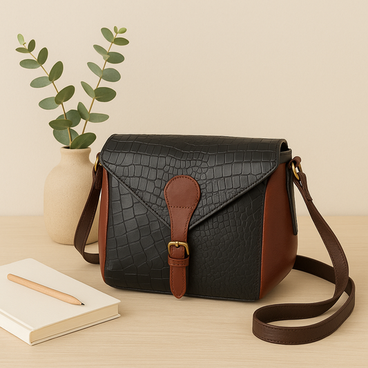 Women Leather Crossbody Sling Bag Black and Brown Croc Texture with Buckle Tab
