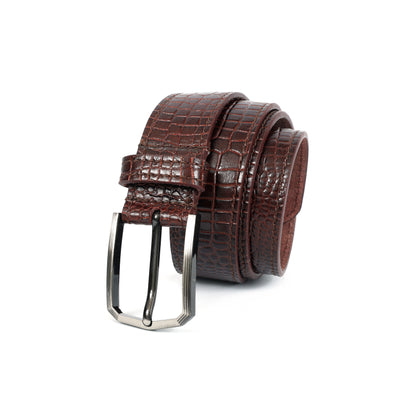 Premium Brown Croc-Textured Leather Belt – Unisex | Classic Metal Buckle |