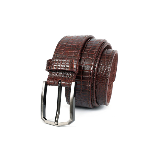 Premium Brown Croc-Textured Leather Belt – Unisex | Classic Metal Buckle |