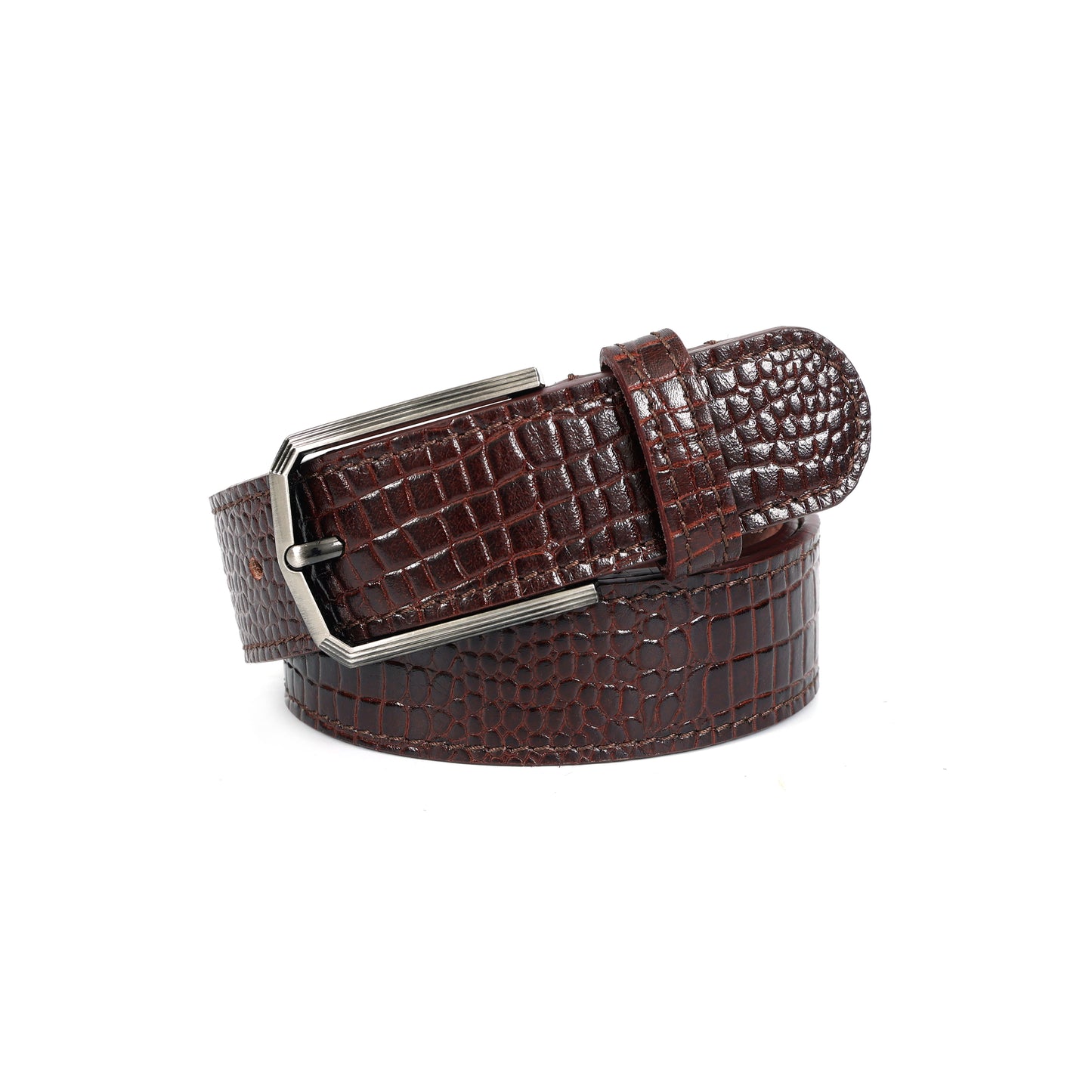 Premium Brown Croc-Textured Leather Belt – Unisex | Classic Metal Buckle |