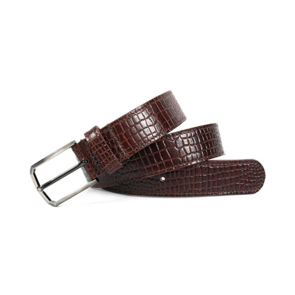 Premium Brown Croc-Textured Leather Belt – Unisex | Classic Metal Buckle |