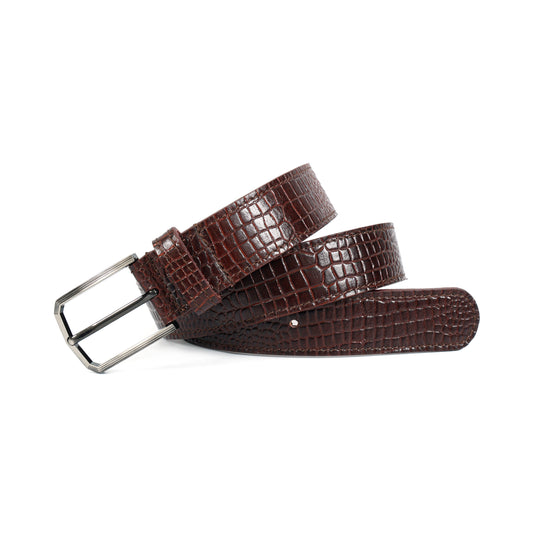 Premium Brown Croc-Textured Leather Belt ƒ????? Unisex | Classic Metal Buckle |