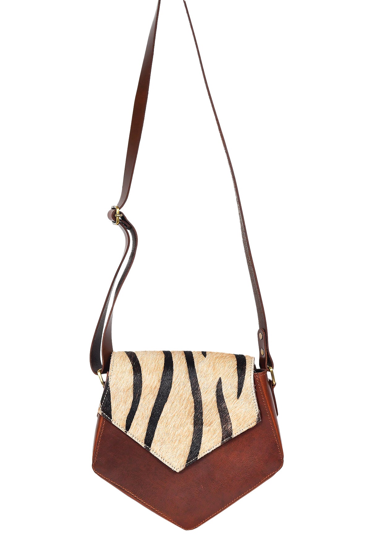 Women's Leather Sling Bag with Zebra Pattern Flap Brown Crossbody Shoulder Bag