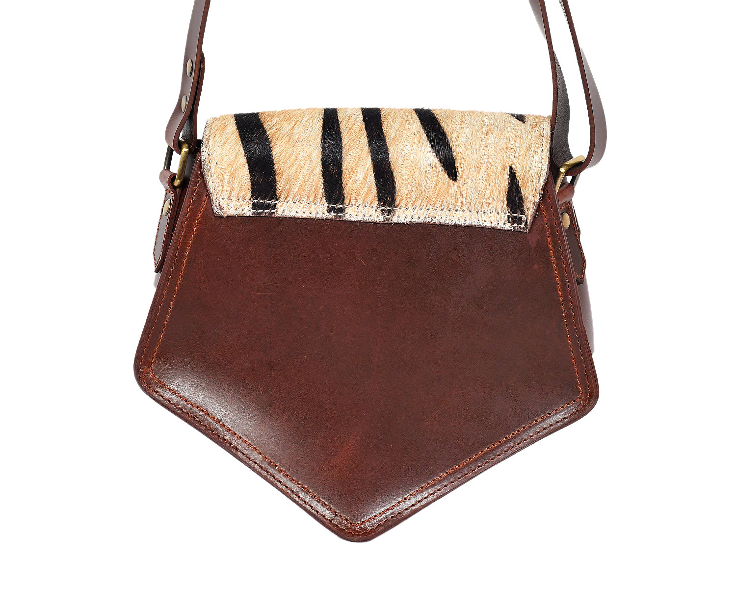 Women's Leather Sling Bag with Zebra Pattern Flap Brown Crossbody Shoulder Bag
