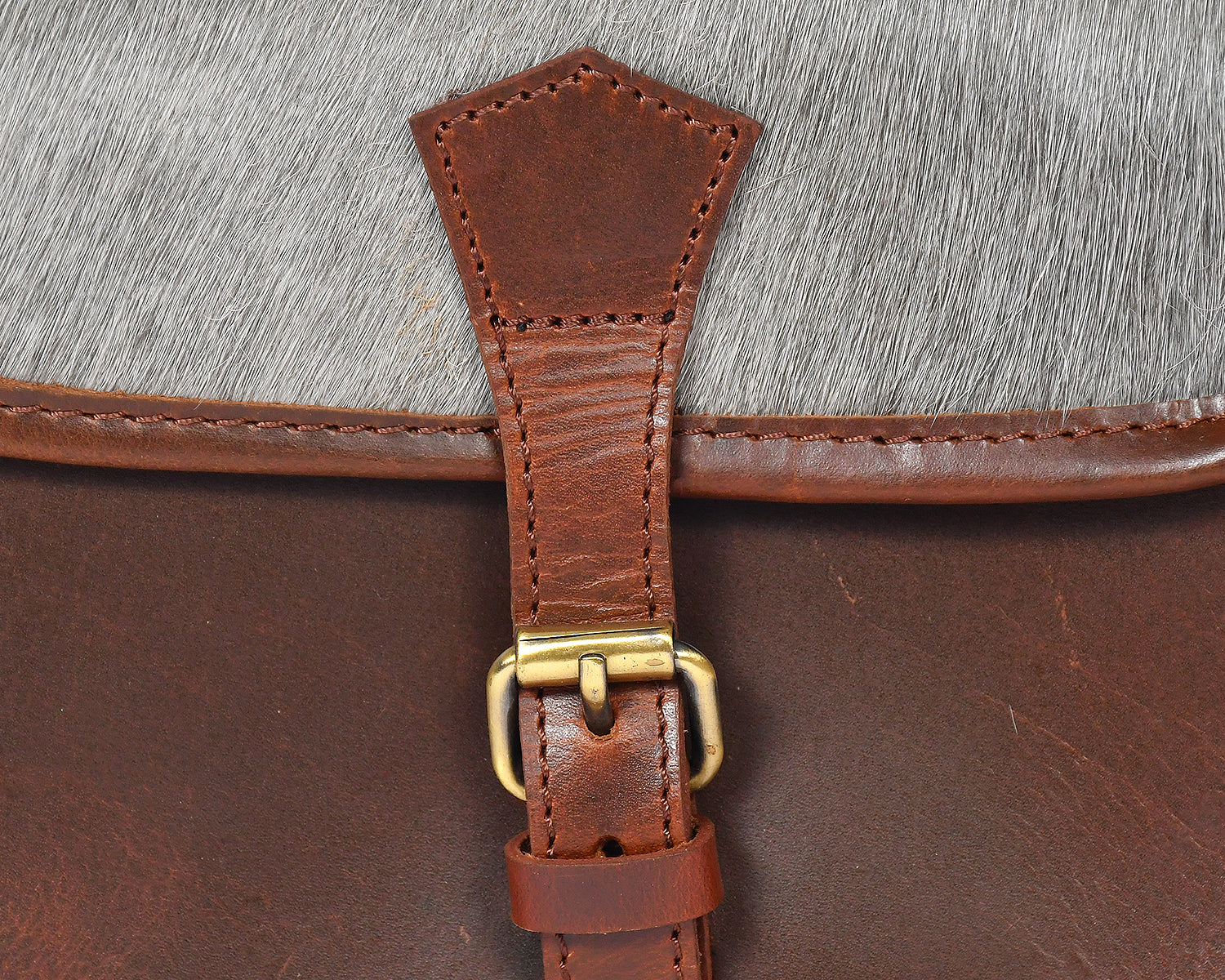 Women Leather Sling Bag with Grey Hair-on Flap Brown Crossbody Shoulder Bag