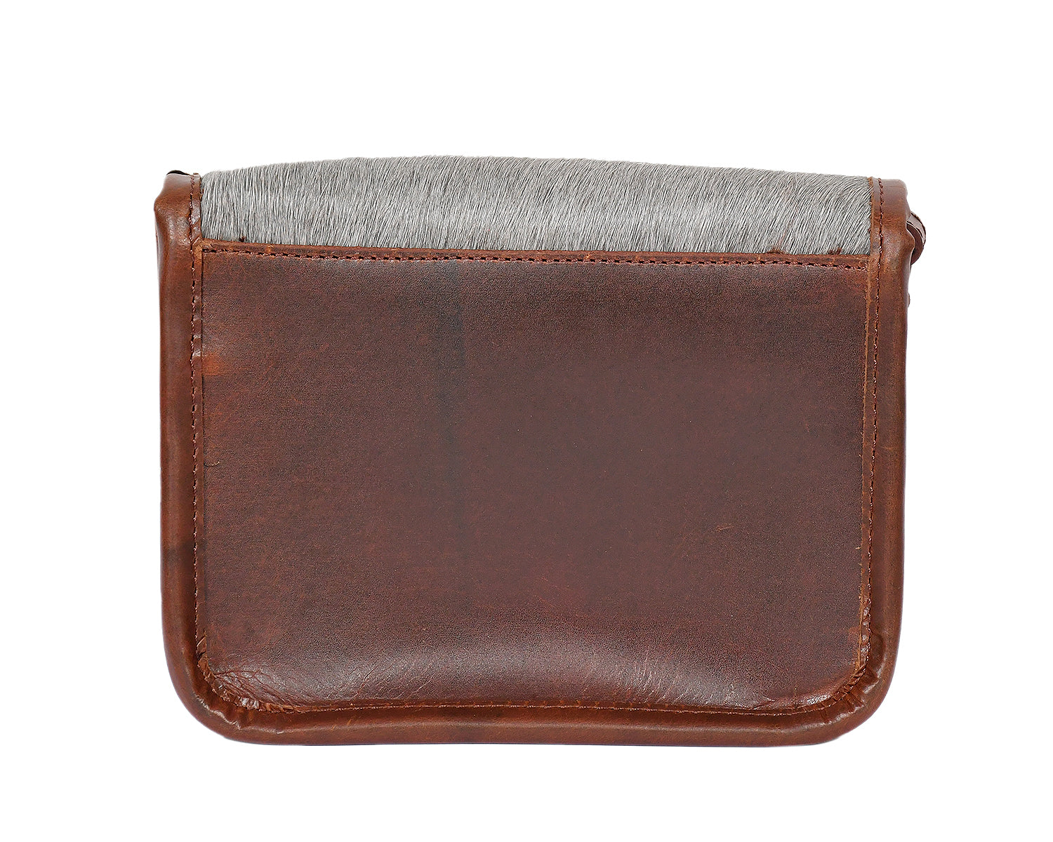 Women Leather Sling Bag with Grey Hair-on Flap Brown Crossbody Shoulder Bag