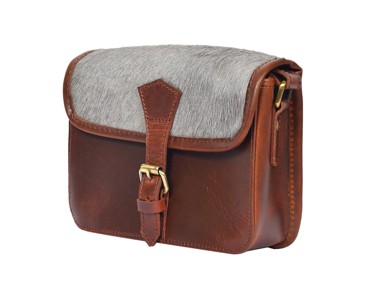 Women Leather Sling Bag with Grey Hair-on Flap Brown Crossbody Shoulder Bag