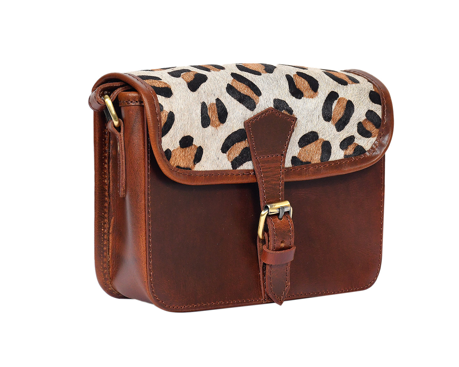 Premium  Brown Leather  Small Crossbody Bag with Leopard Print Flap