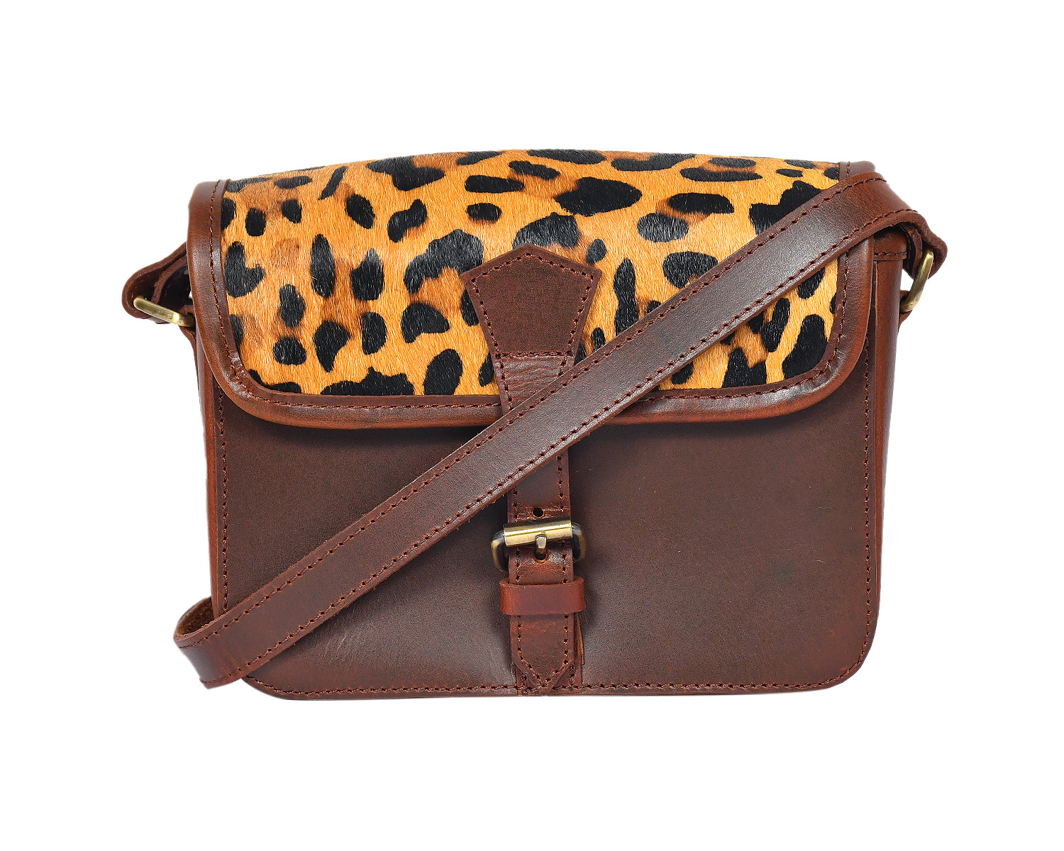 Premium Leather Crossbody Bag with Leopard Print Hairon Flap