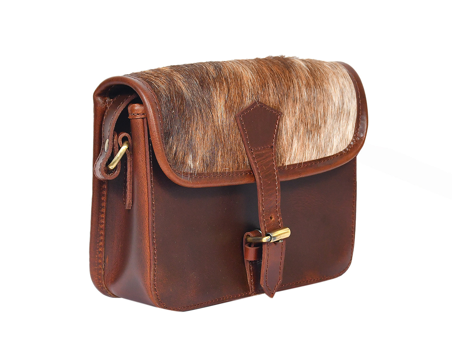 Womens Leather Sling Bag with Brown Hairon Flap  Small Crossbody Satchel