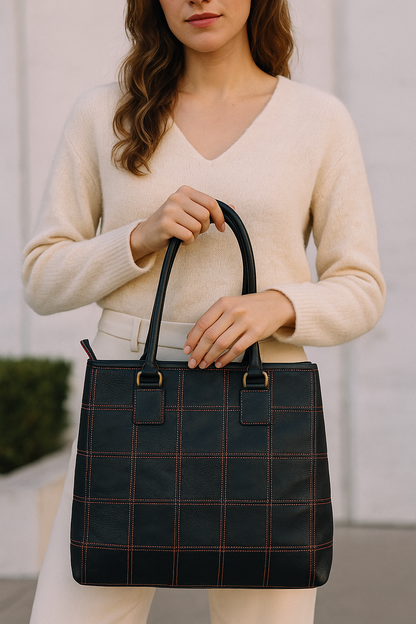 Sophisticated Black Leather Tote Bag with Red Stitching - The Perfect Blend of Elegance and Style. Art: BG-1143