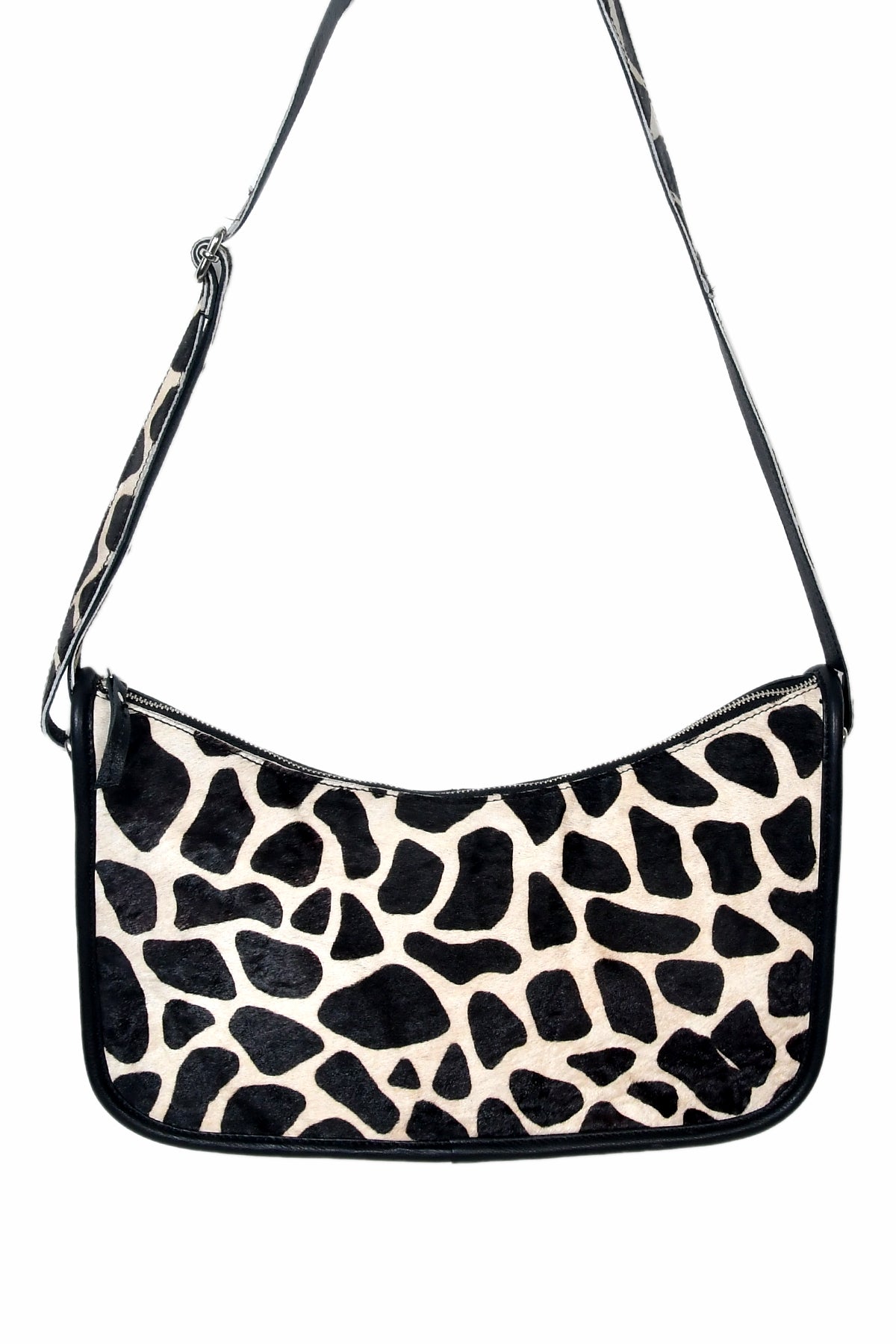 Zebra Print Hair-On Leather Baguette Shoulder Bag with Zip Closure & Inner Pocket