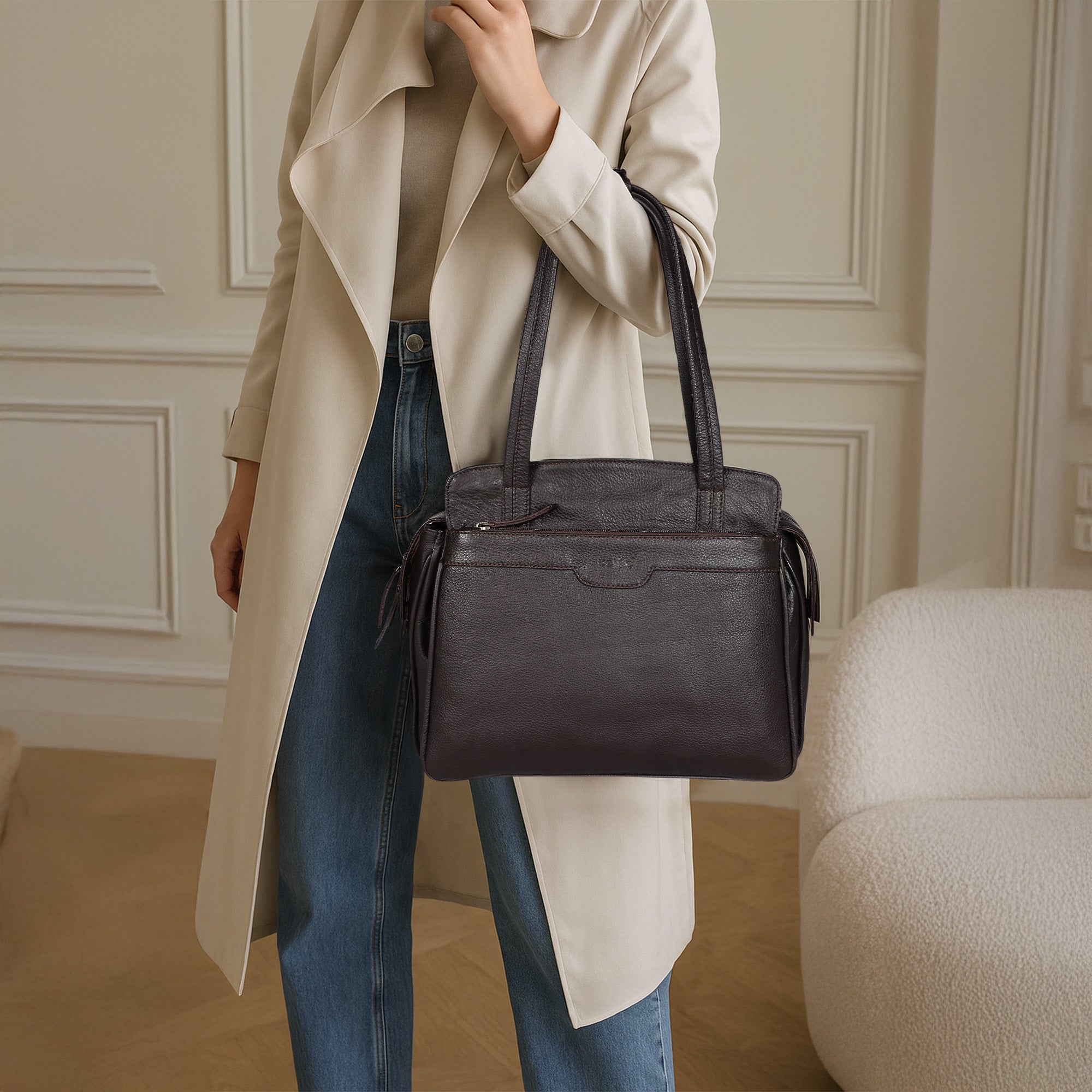 Premium Genuine Leather Structured Shoulder Bag with Dual Zip Compartments & Fixed Straps