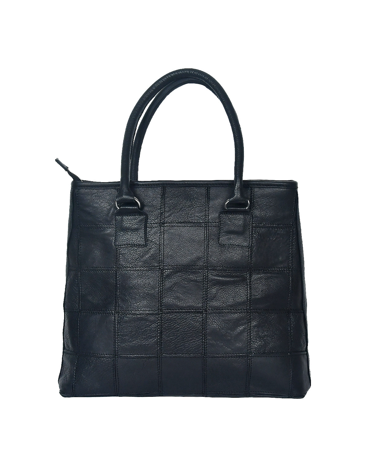 Women Black Leather Tote Bag with Patchwork Design and Spacious Interior