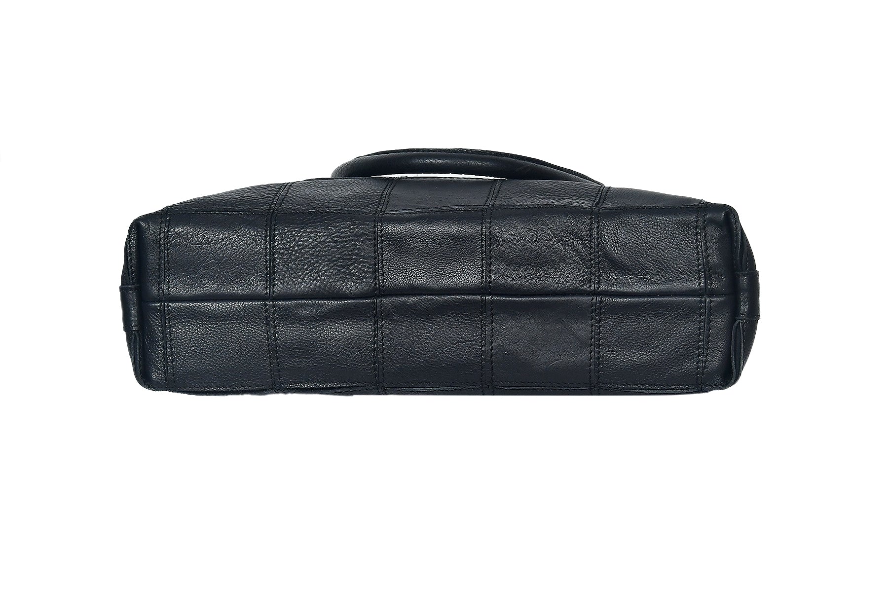 Women Black Leather Tote Bag with Patchwork Design and Spacious Interior