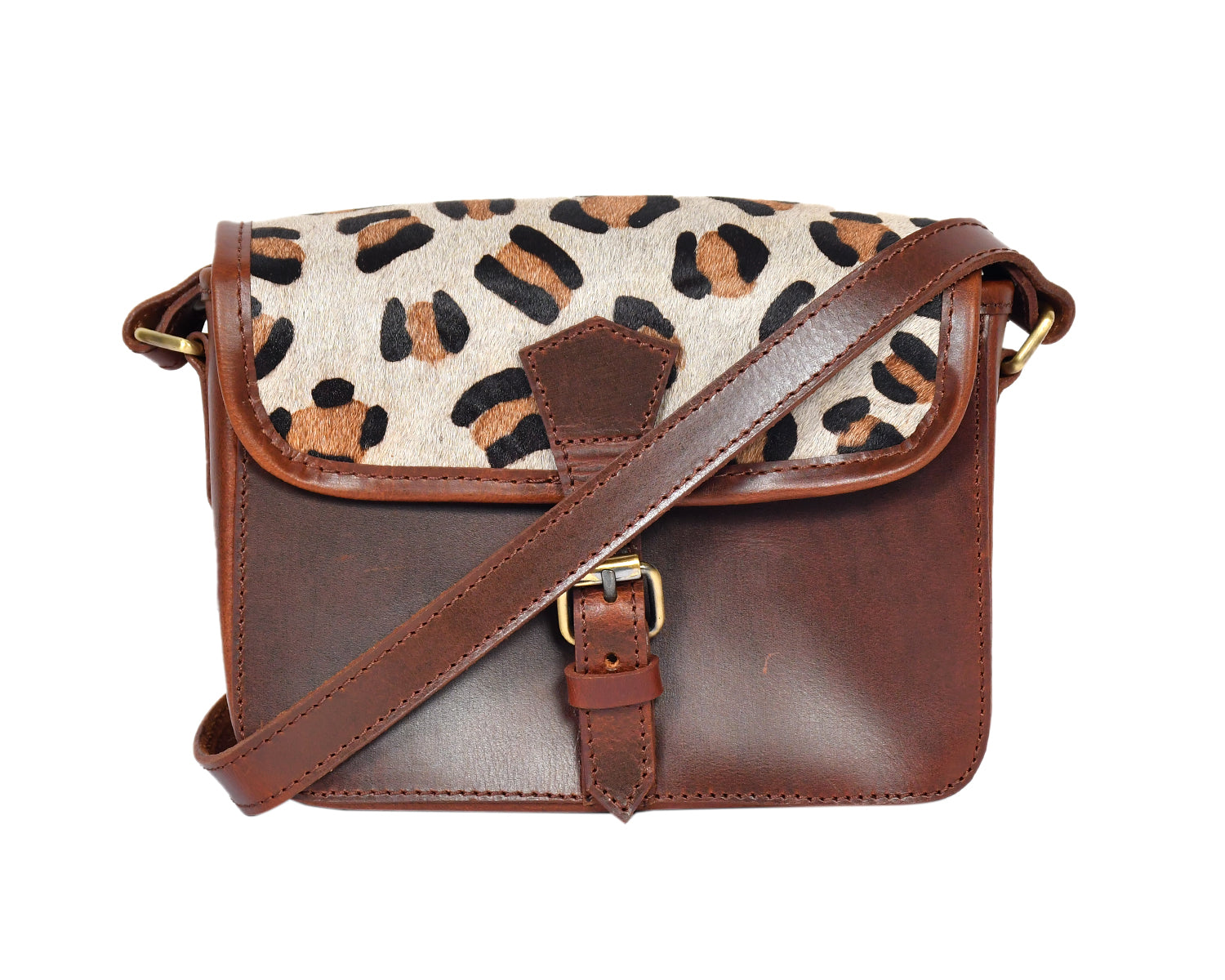 Premium  Brown Leather  Small Crossbody Bag with Leopard Print Flap