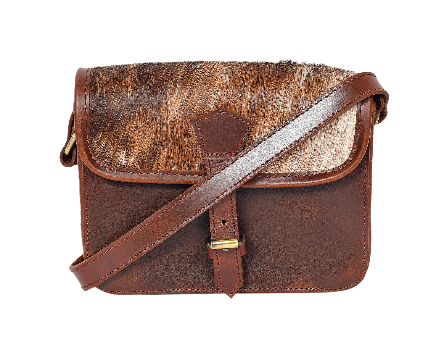 Womens Leather Sling Bag with Brown Hairon Flap  Small Crossbody Satchel