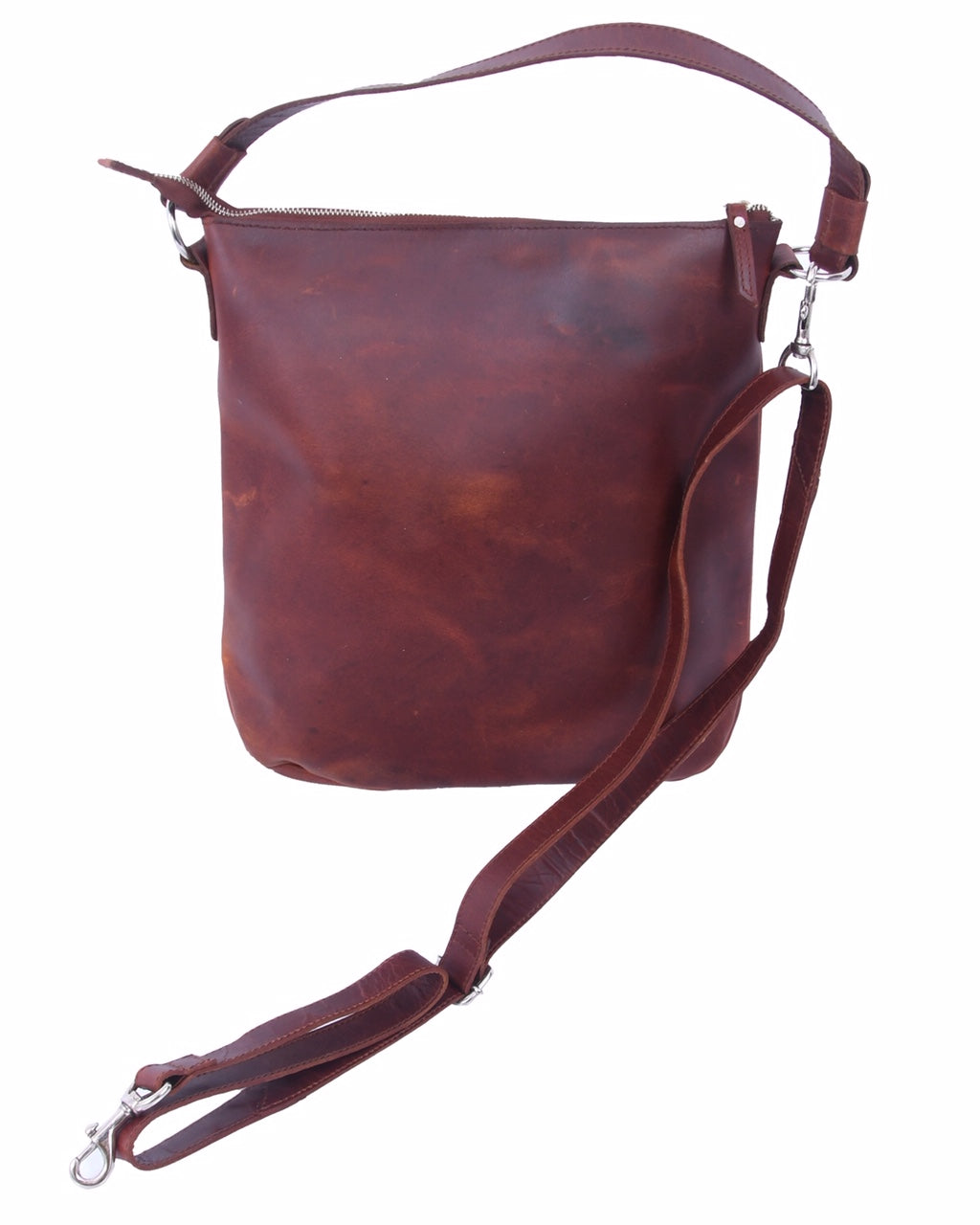 Vintage Brown Full-Grain Leather Shoulder & Crossbody Tote with Zipper Closure