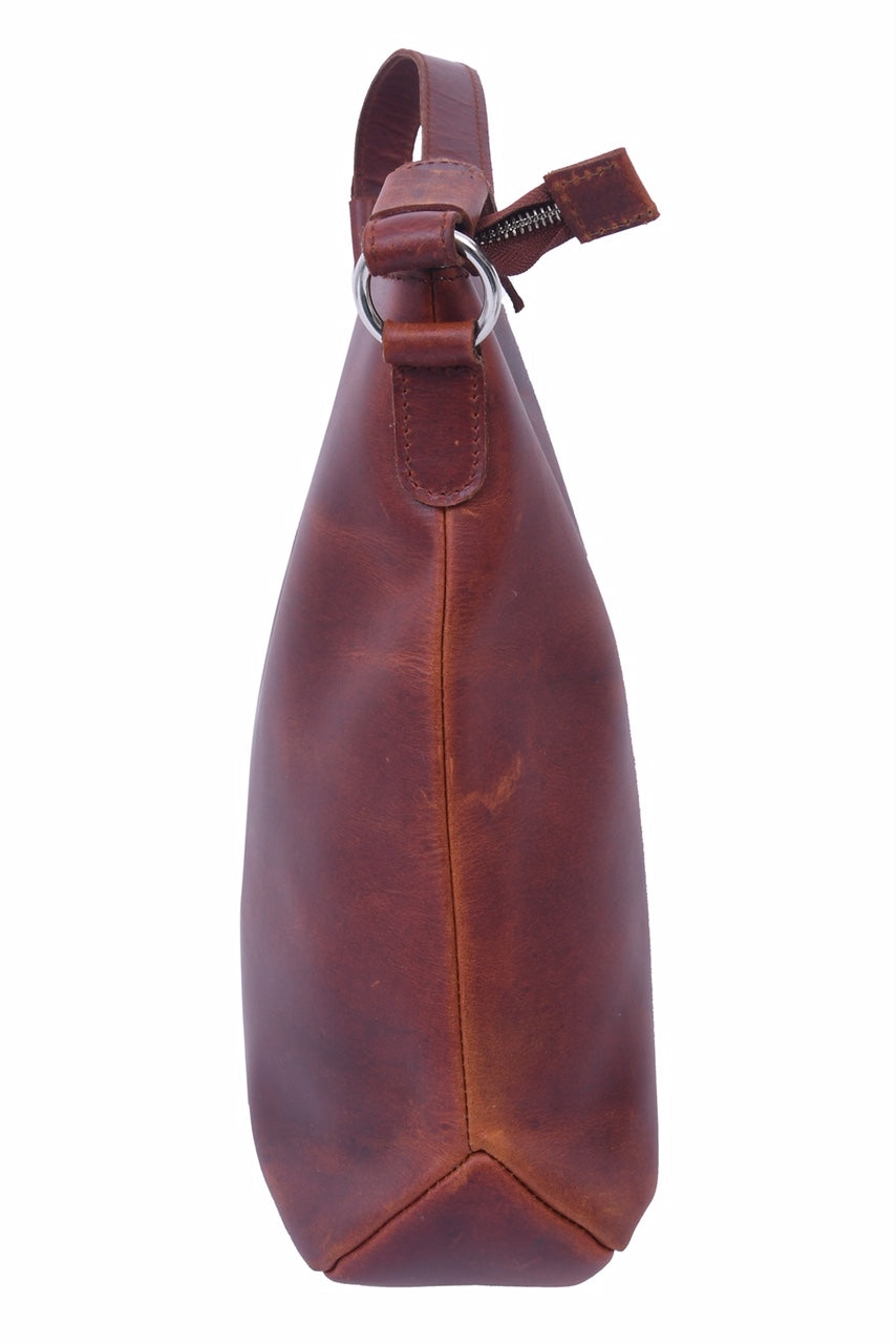 Vintage Brown Full-Grain Leather Shoulder & Crossbody Tote with Zipper Closure