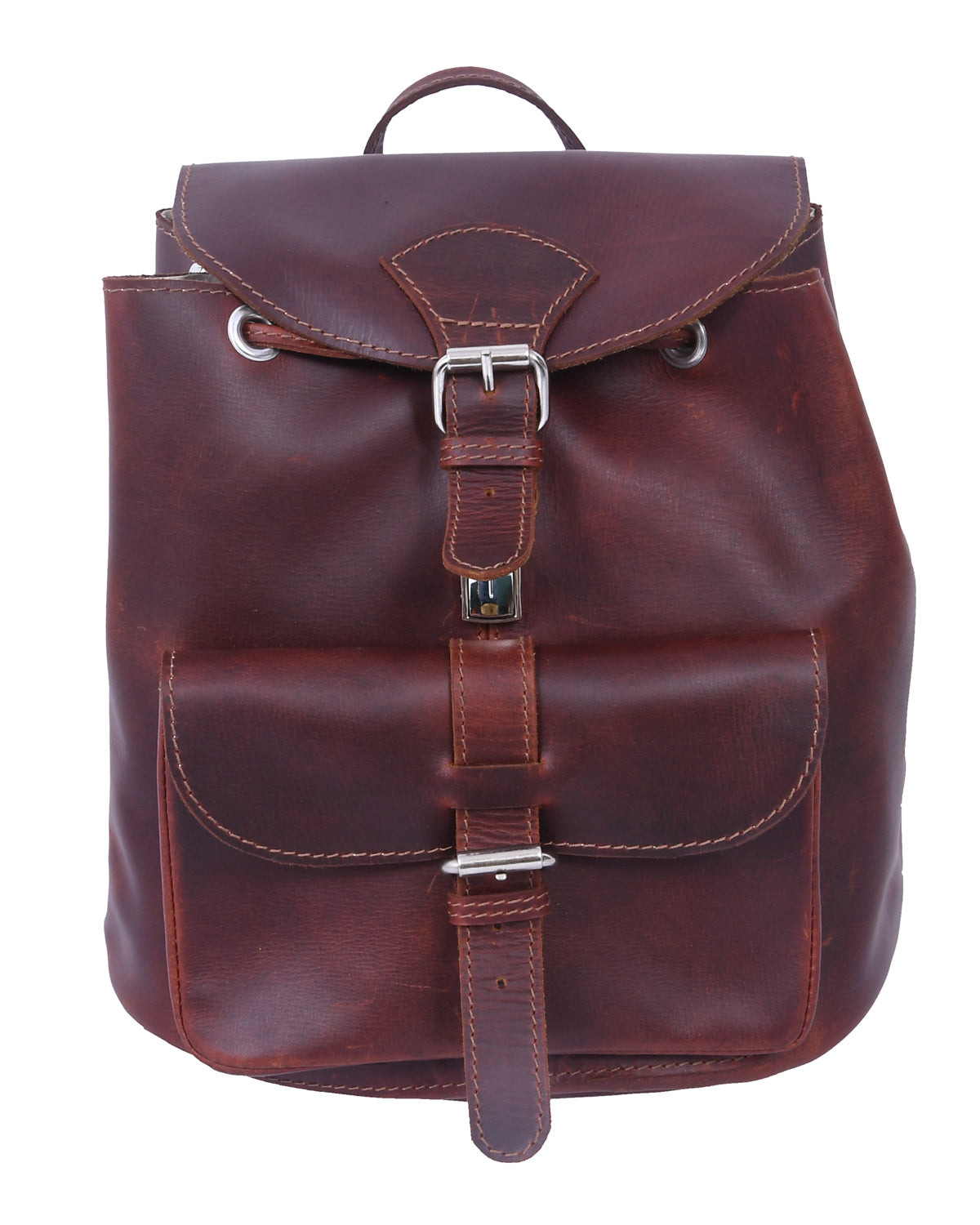 Premium Genuine Brown Leather Drawstring Backpack with Front Buckle Pocket