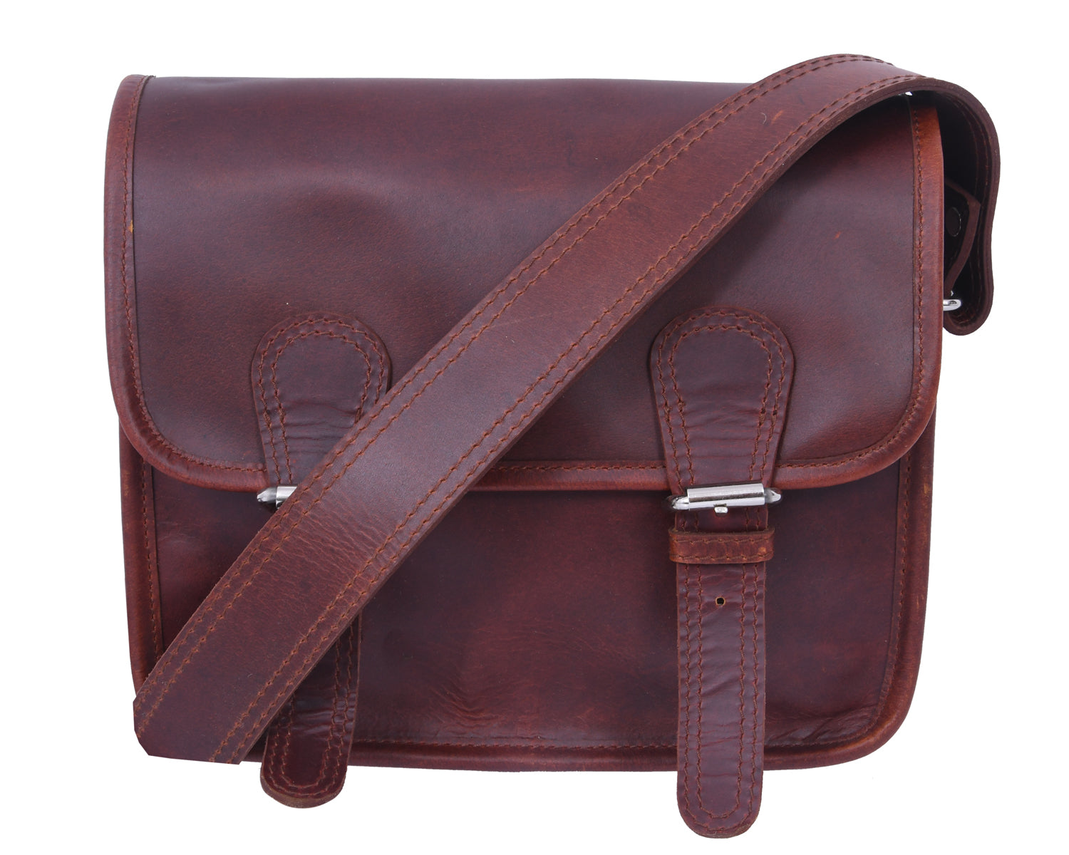 Full-Grain Leather Small Messenger Bag with Dual Buckle Closure & Canvas Lining