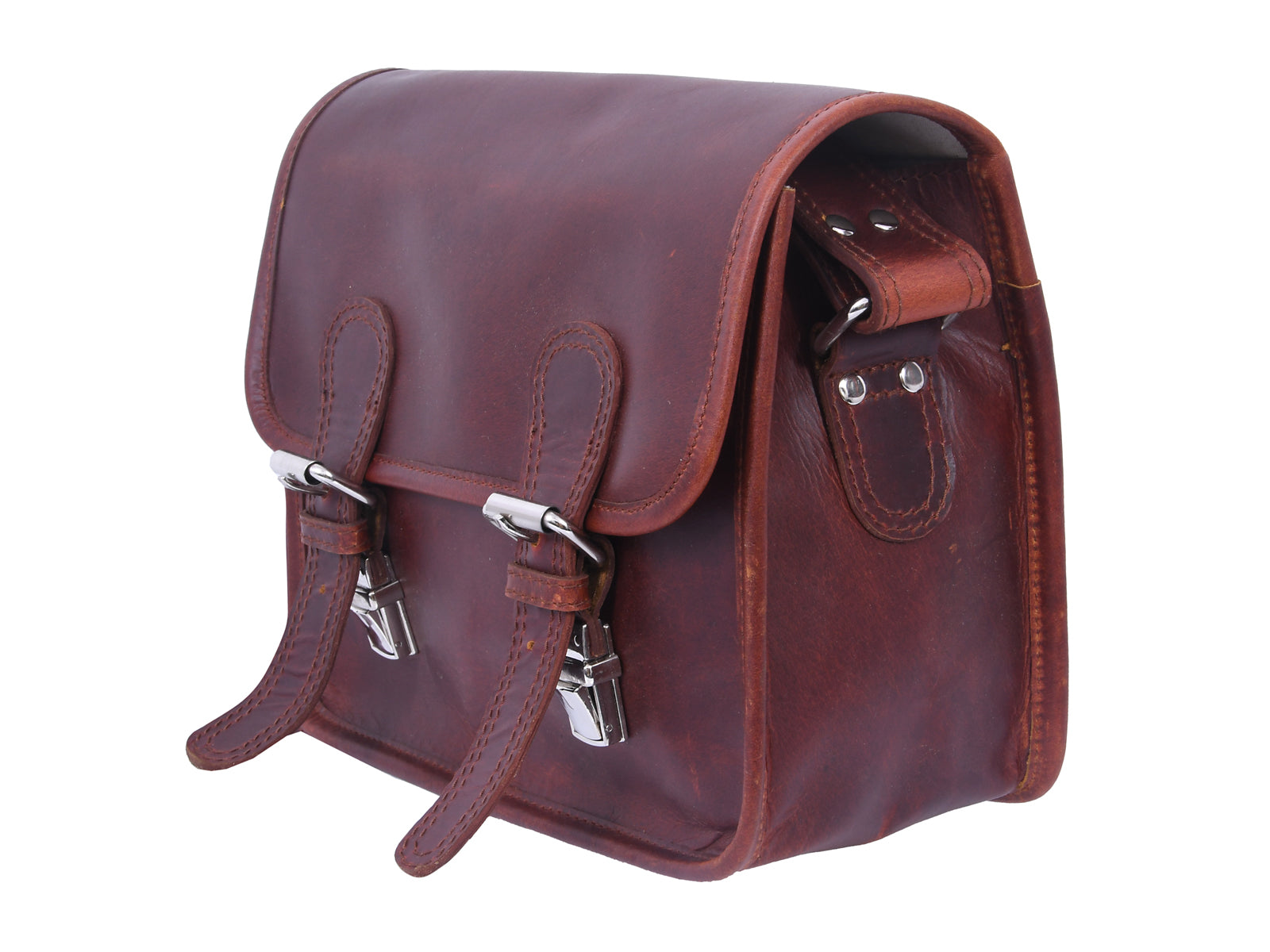 Full-Grain Leather Small Messenger Bag with Dual Buckle Closure & Canvas Lining