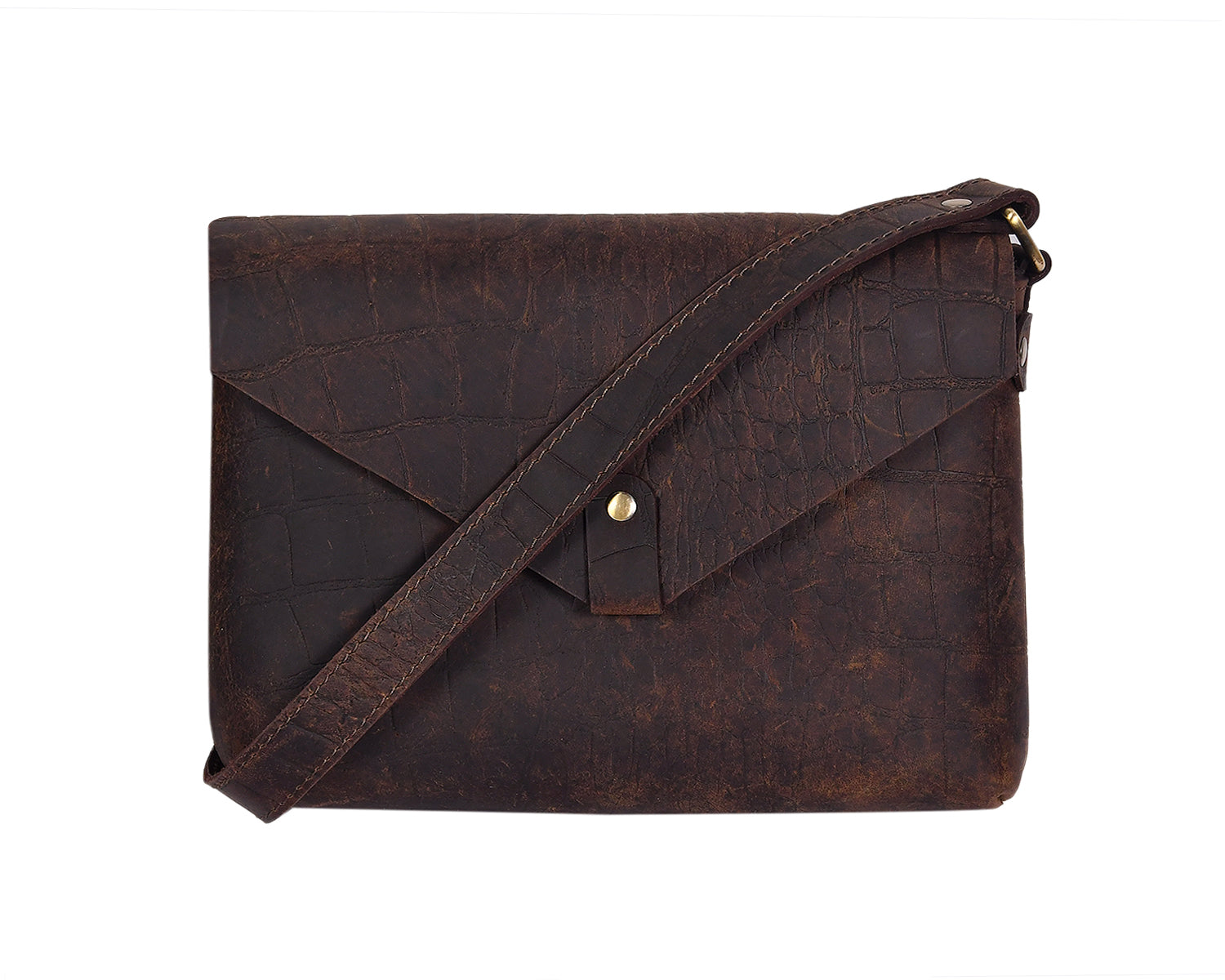 Vintage Croc-Textured Brown Leather Crossbody Sling Bag