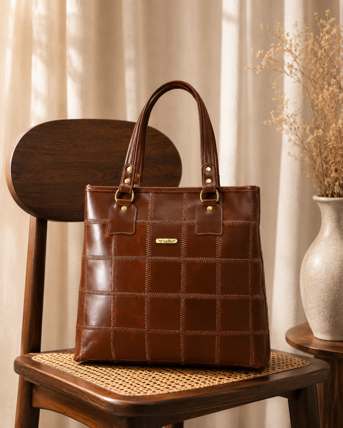 Genuine Leather Brown Tote Bag with Patchwork Design and Top Zip Closure