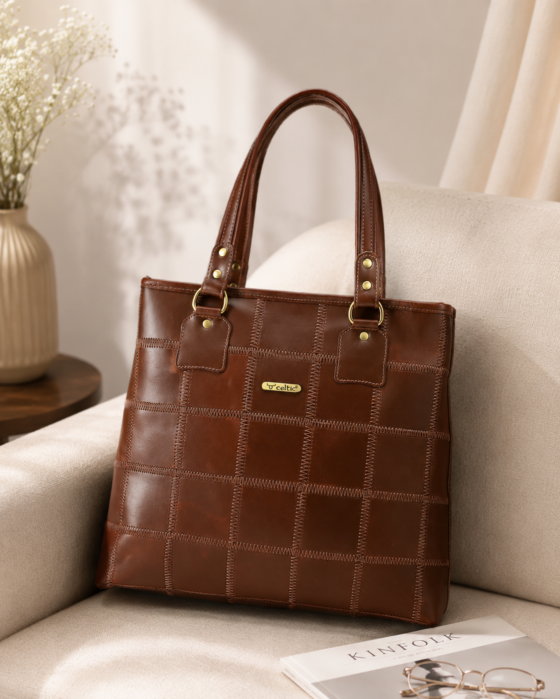 Genuine Leather Brown Tote Bag with Patchwork Design and Top Zip Closure