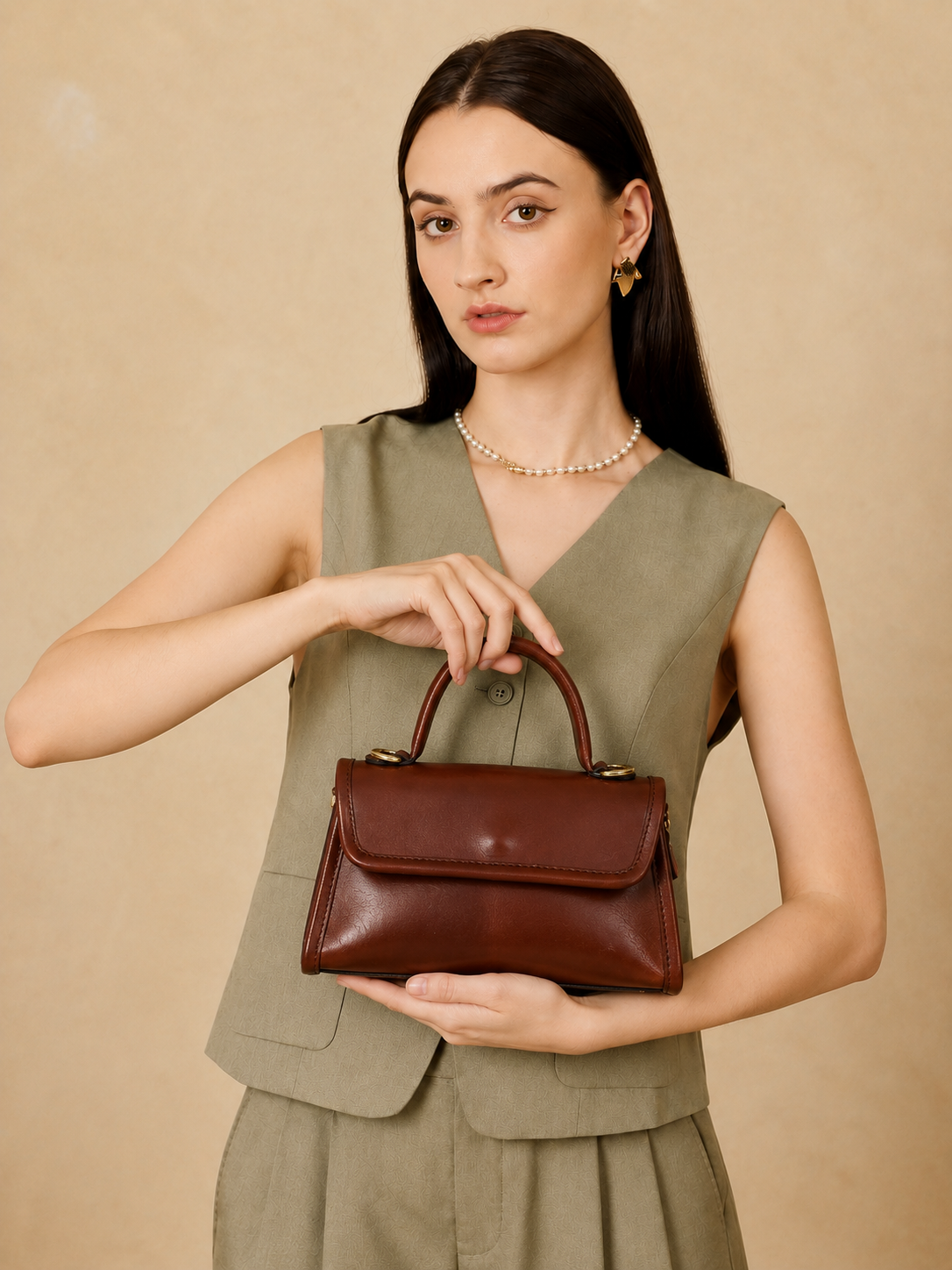 Premium  Leather Top-Handle Handbag with Flap Closure