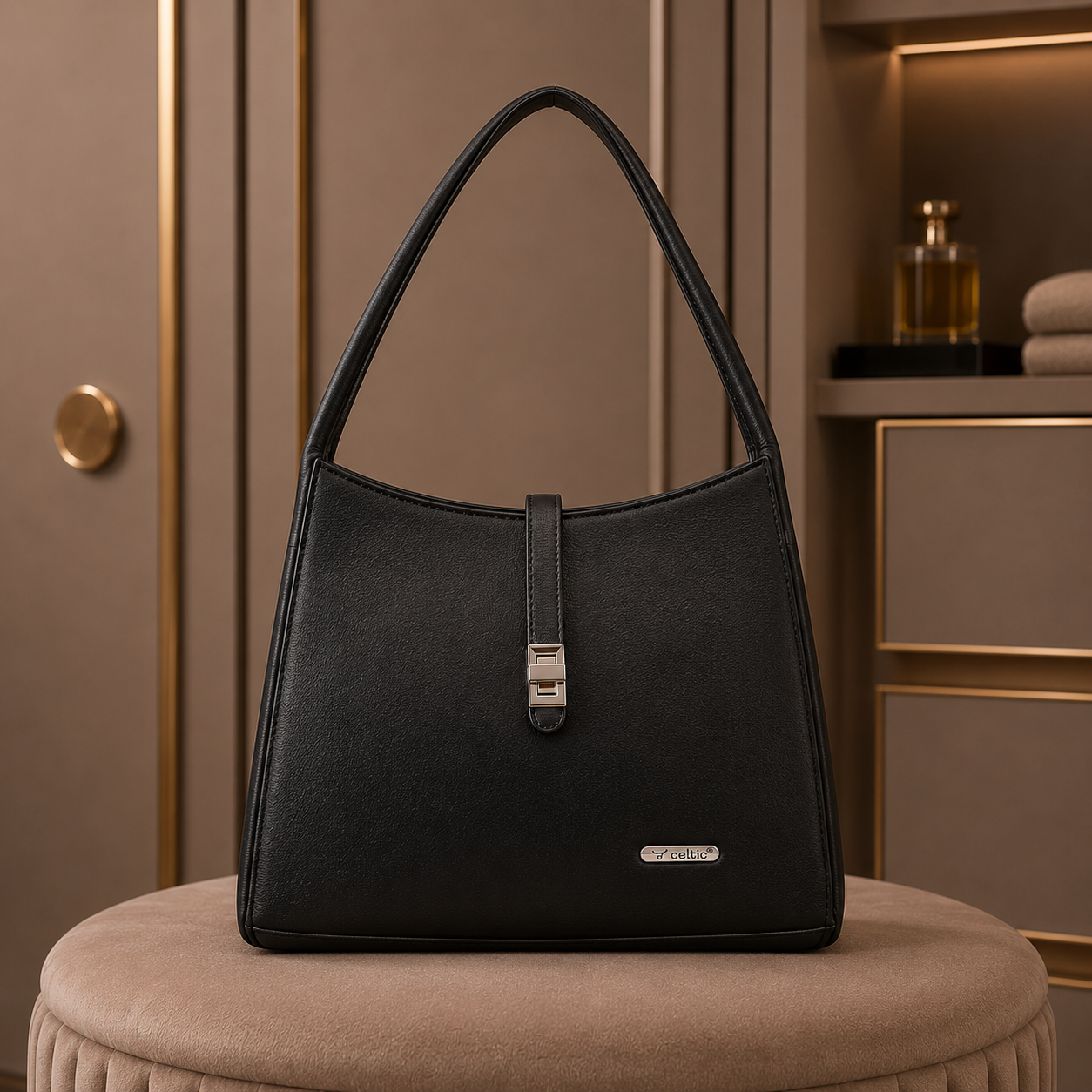 Premium Leather Shoulder Handbag with Lock Closure, Zip Compartments