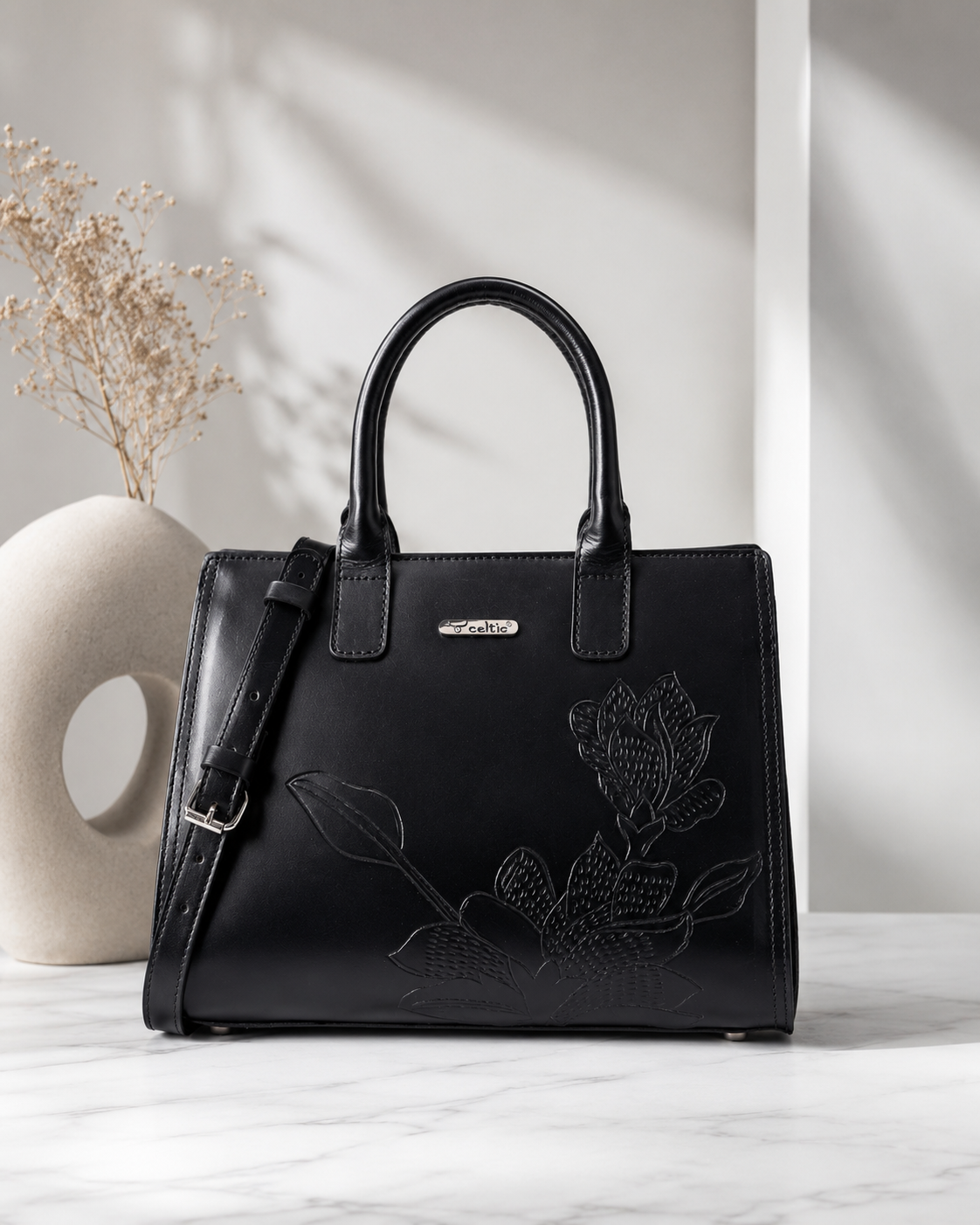 Premium Genuine  Leather Tote with Floral Embossing, Top Handles, Zip Closure