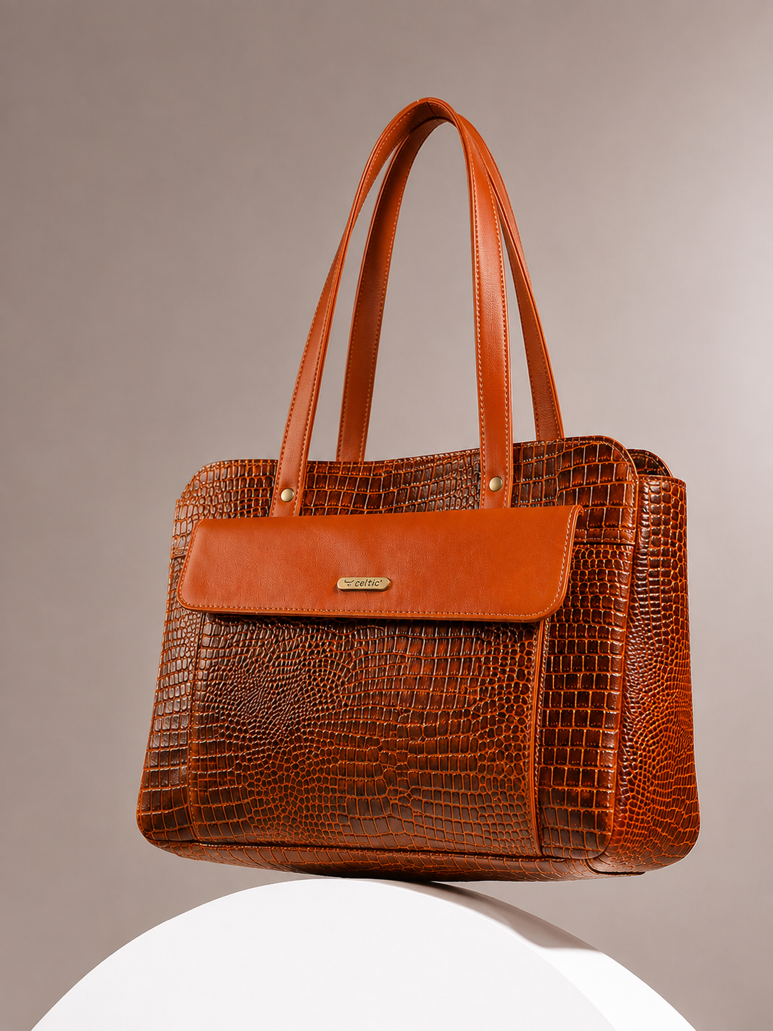 Premium Genuine Croc-Embossed Leather Tote Bag with Zip Compartments & Long Shoulder Straps
