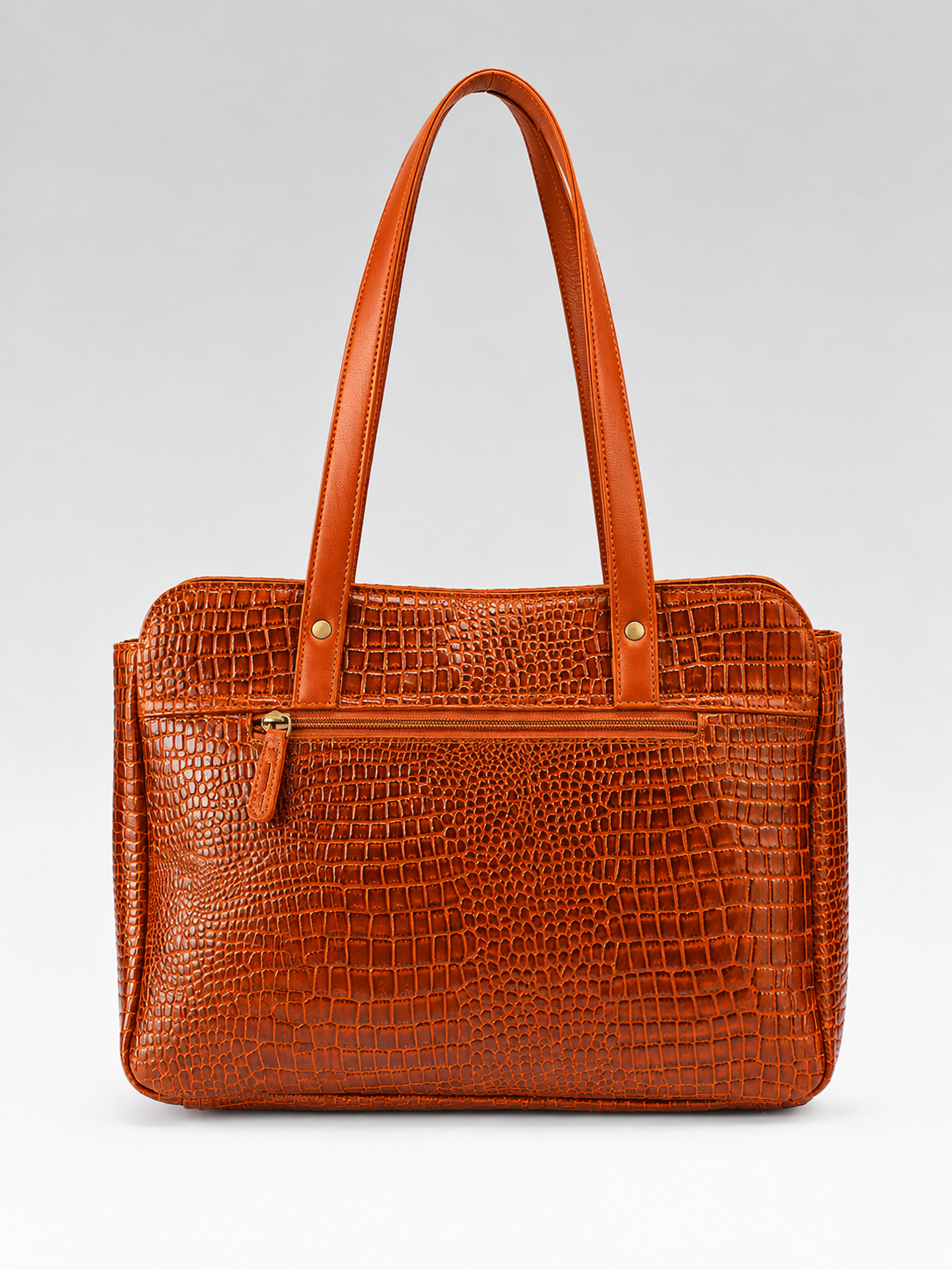 Premium Genuine Croc-Embossed Leather Tote Bag with Zip Compartments & Long Shoulder Straps