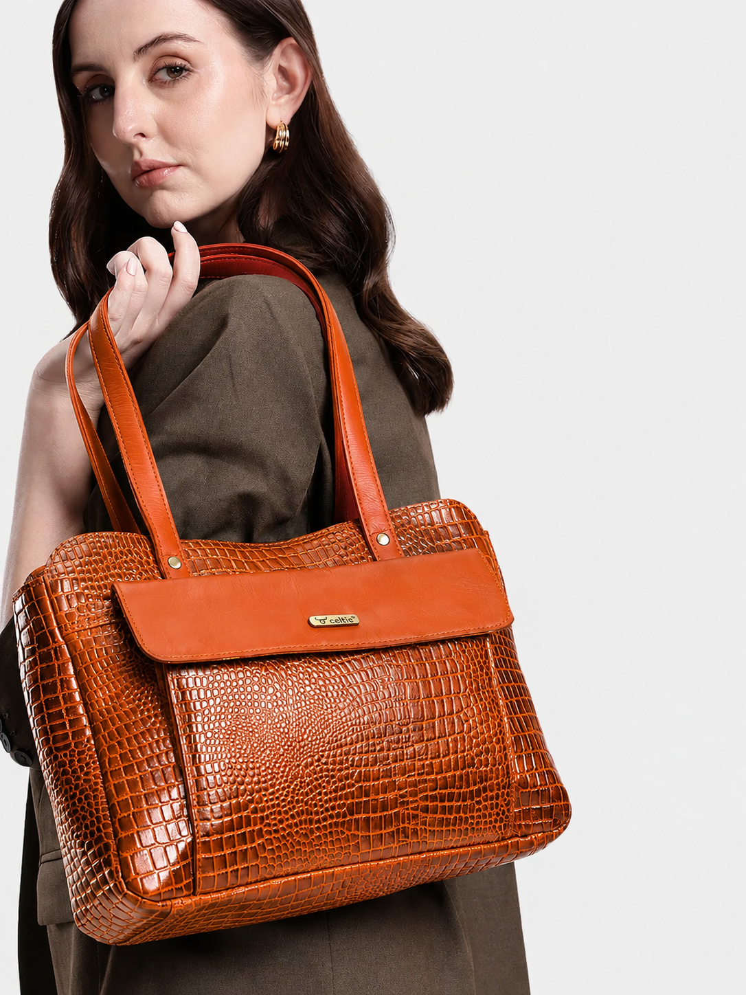 Premium Genuine Croc-Embossed Leather Tote Bag with Zip Compartments & Long Shoulder Straps