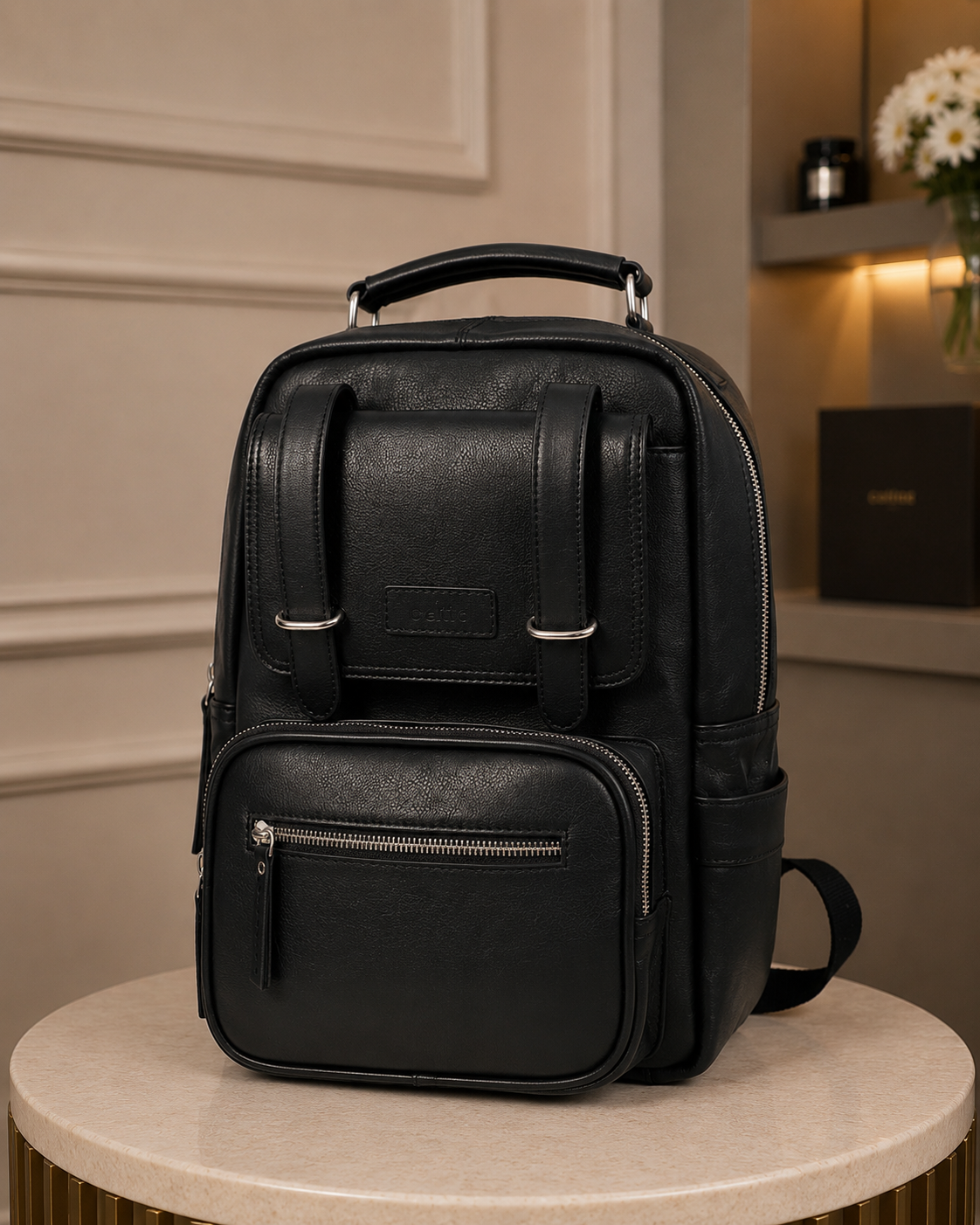 Premium Genuine Leather Backpack with Laptop Compartment & Multiple Zip Pockets