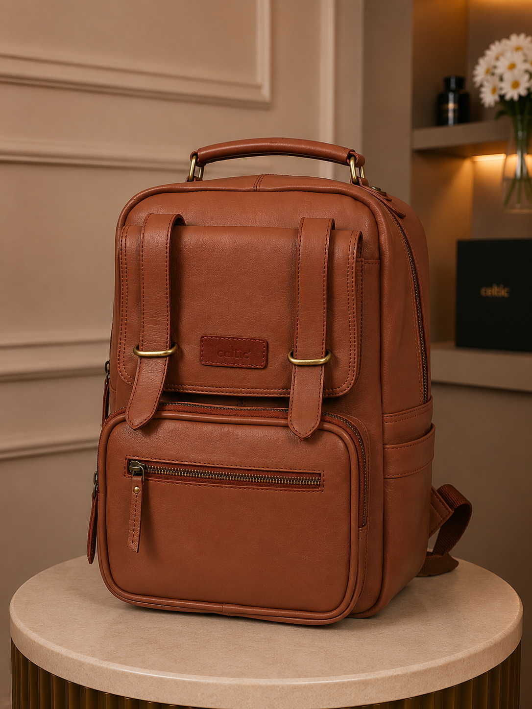 Premium Genuine Leather Backpack with Laptop Compartment & Multiple Zip Pockets